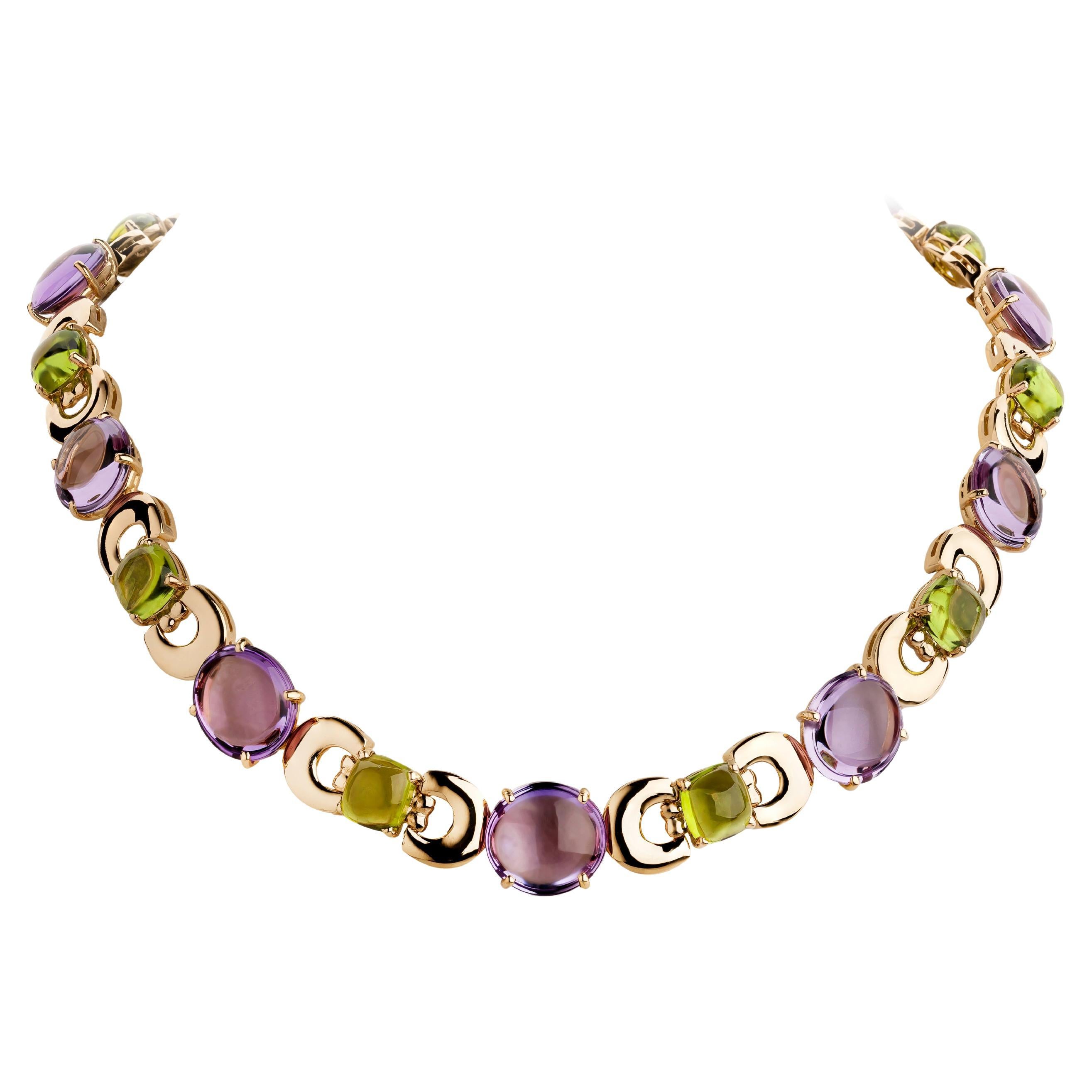 Sassi Fine Jewellery, Secret of Berenice, Amethyst & Peridot Gold Link Necklace For Sale