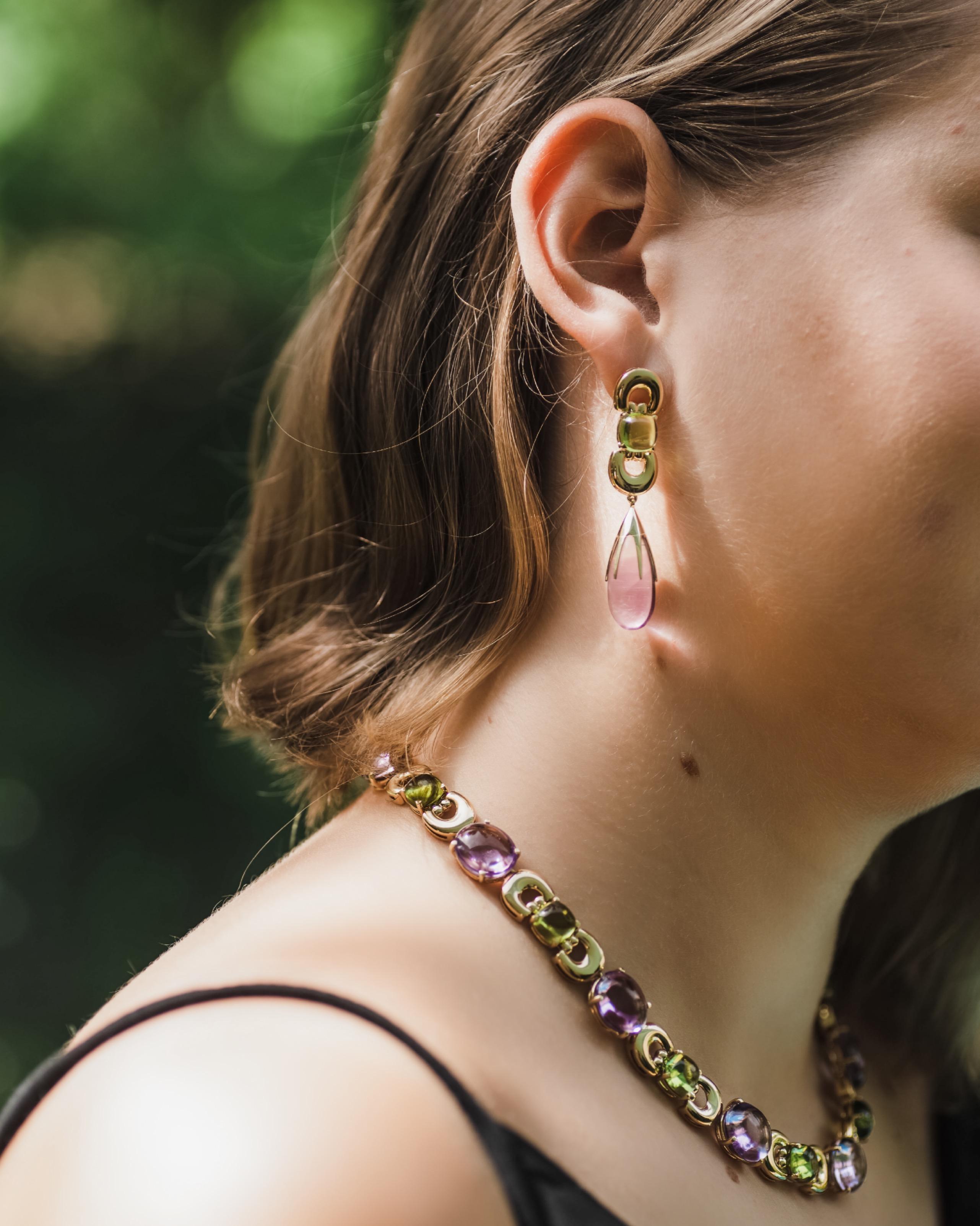 Sassi Fine Jewellery, Secret of Berenice Amethyst Drops & Peridot Gold Earrings In New Condition For Sale In La Tour-De-Peilz, CH