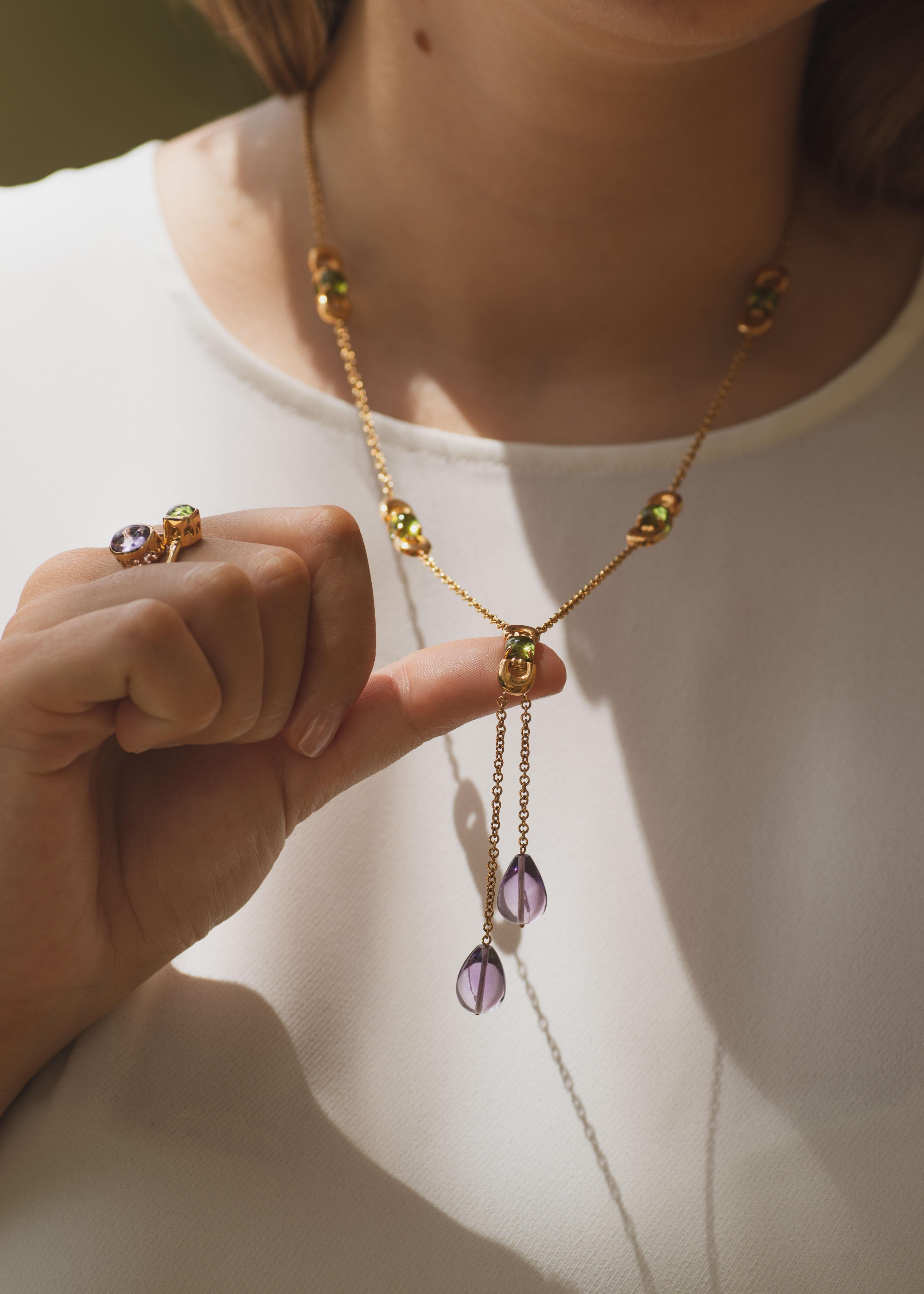 Sassi Fine Jewellery Secret of Berenice Lariat Necklace Amethyst Drops & Peridot In New Condition For Sale In La Tour-De-Peilz, CH