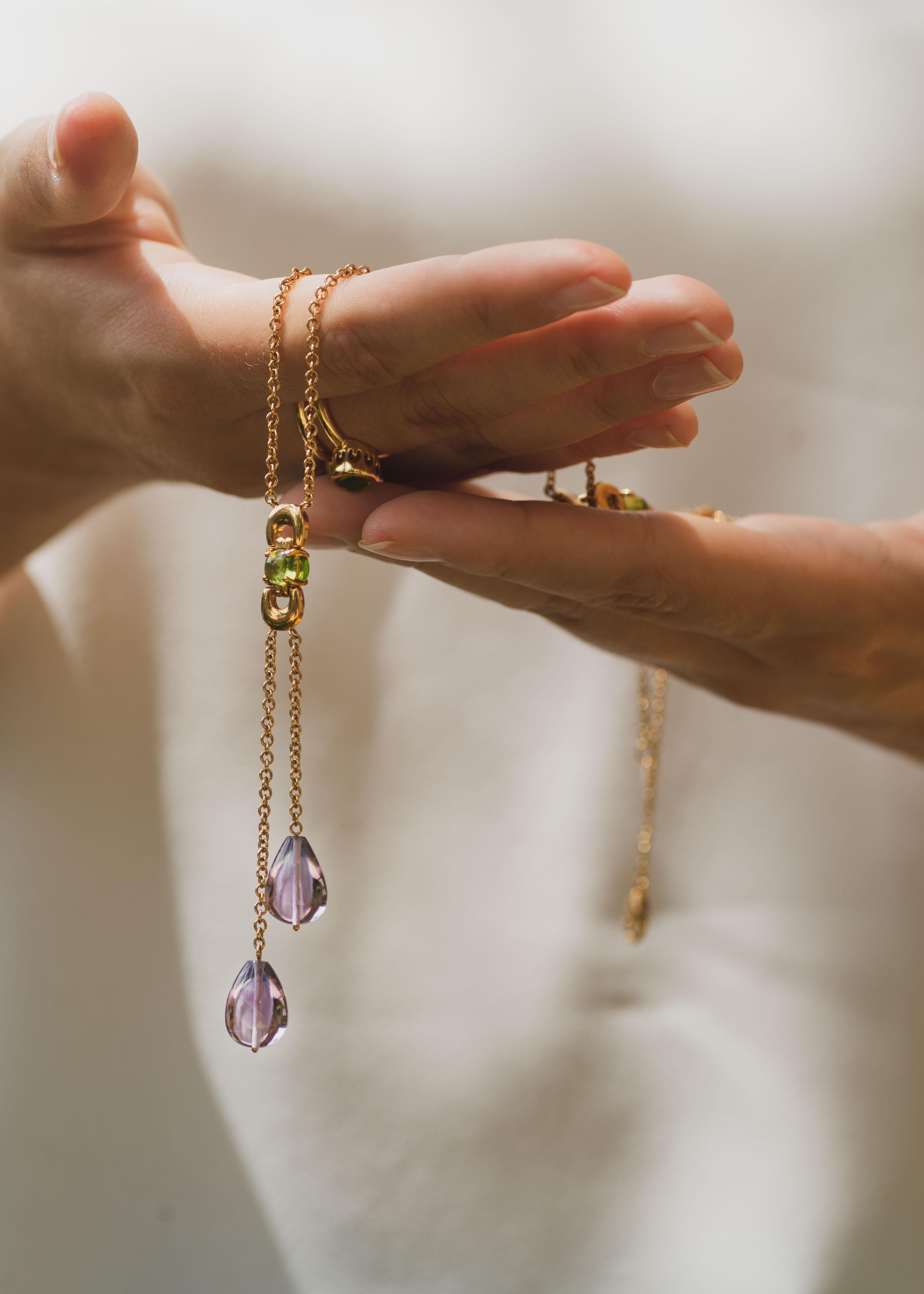 Women's Sassi Fine Jewellery Secret of Berenice Lariat Necklace Amethyst Drops & Peridot For Sale