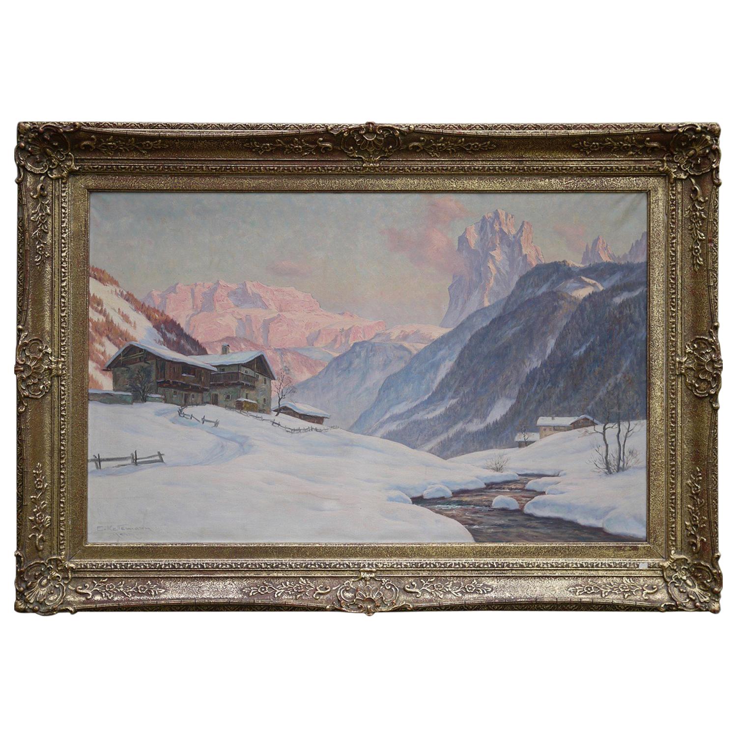Sassolungo, Erwin Kettemann, Oil on Canvas Dolomites Painting, 1940