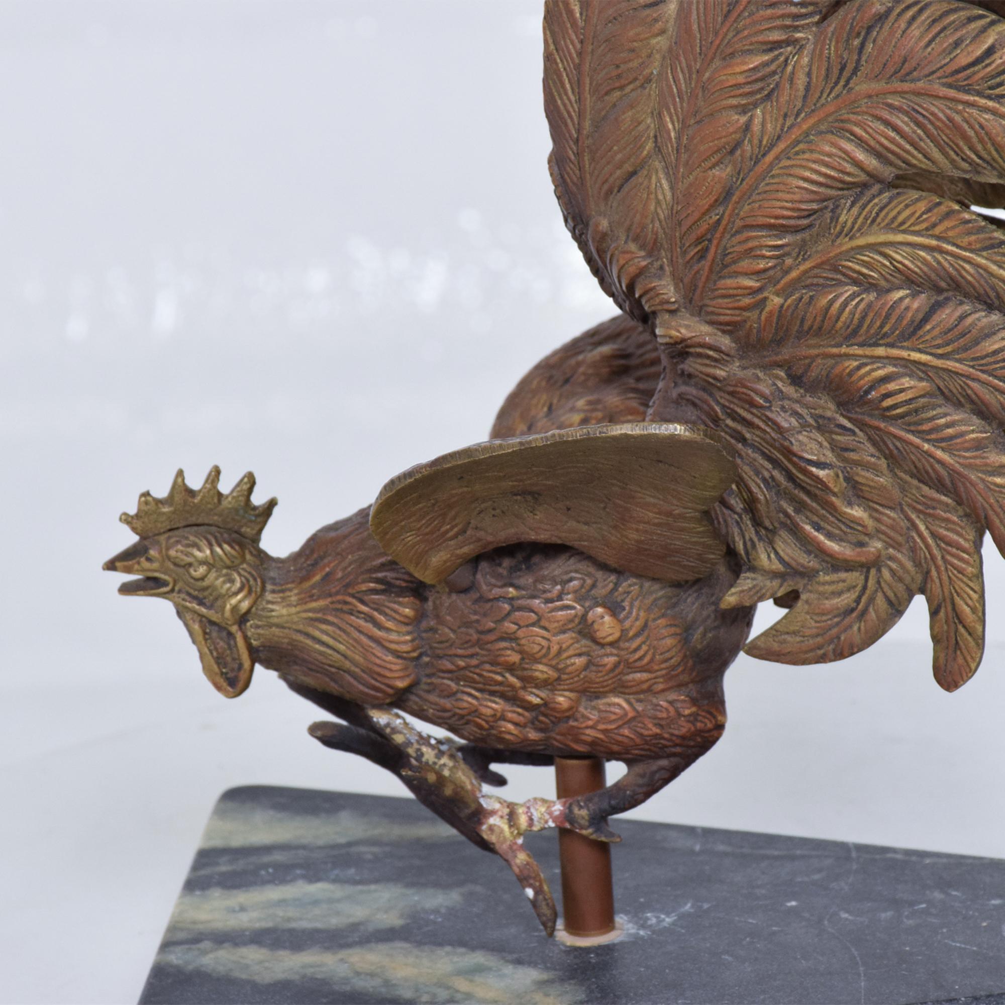 Mid-Century Modern 1960s Bronze Rooster Table Lamp Green Marble Base  For Sale