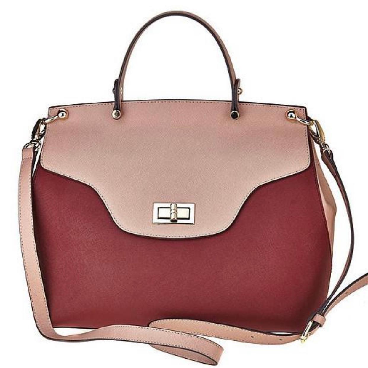 -The Natalia Satchel boasts a modern, refined design. The Blush and Cranberry combination is a sophisticated addition of color to any outfit.
-This romantic grain leather satchel boasts chic and simple gold embellishments and a locking clasp to keep