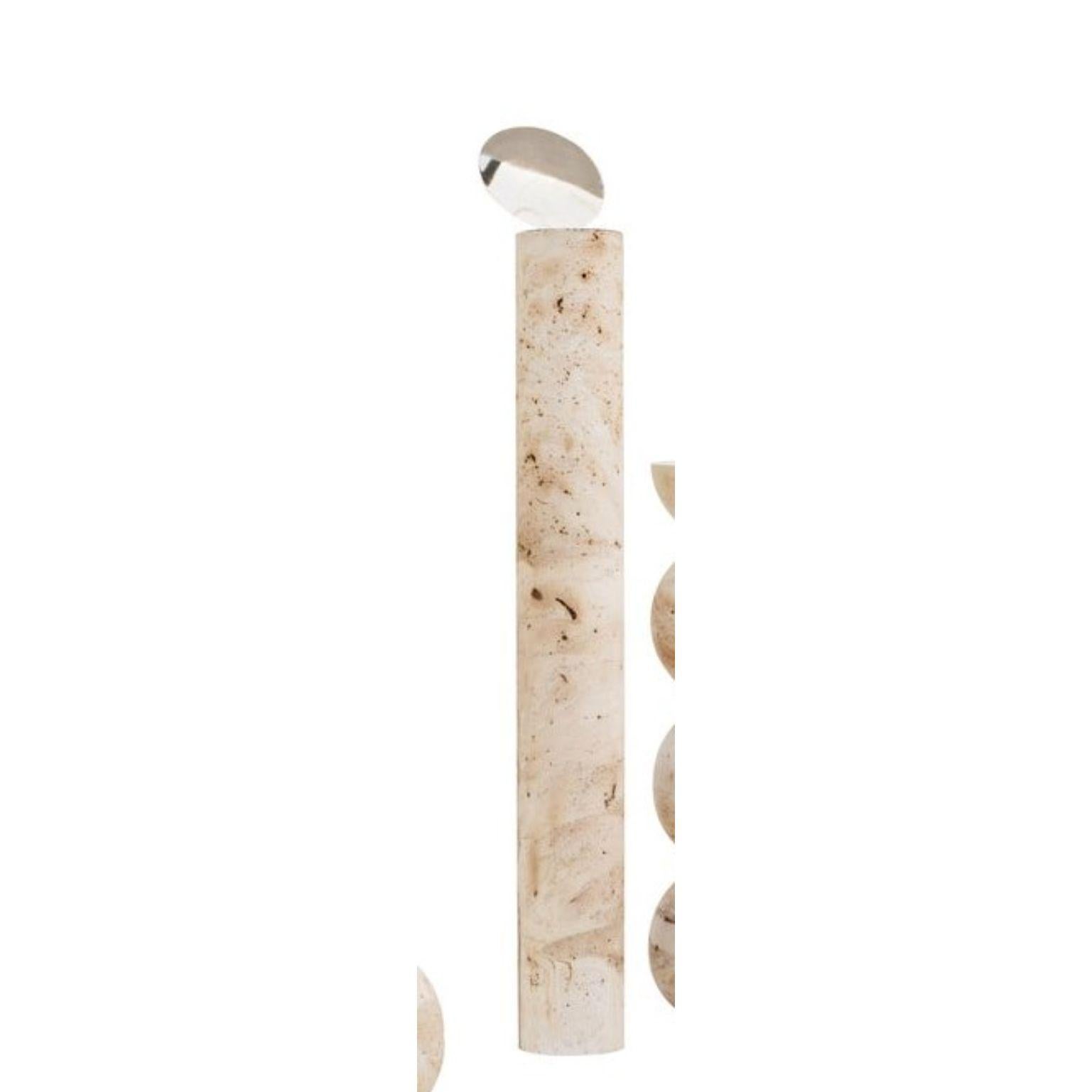 Satellite 3 by Turbina
Dimensions: Ø 12 cm x H 120 cm

Also Available in:
Ø 12 cm x H 80 cm
Ø 12 cm x H 100 cm

Materials: MDF

Satellite project arises from the idea of the stone as symbol of sacredness. Nickel brass plated discs slow