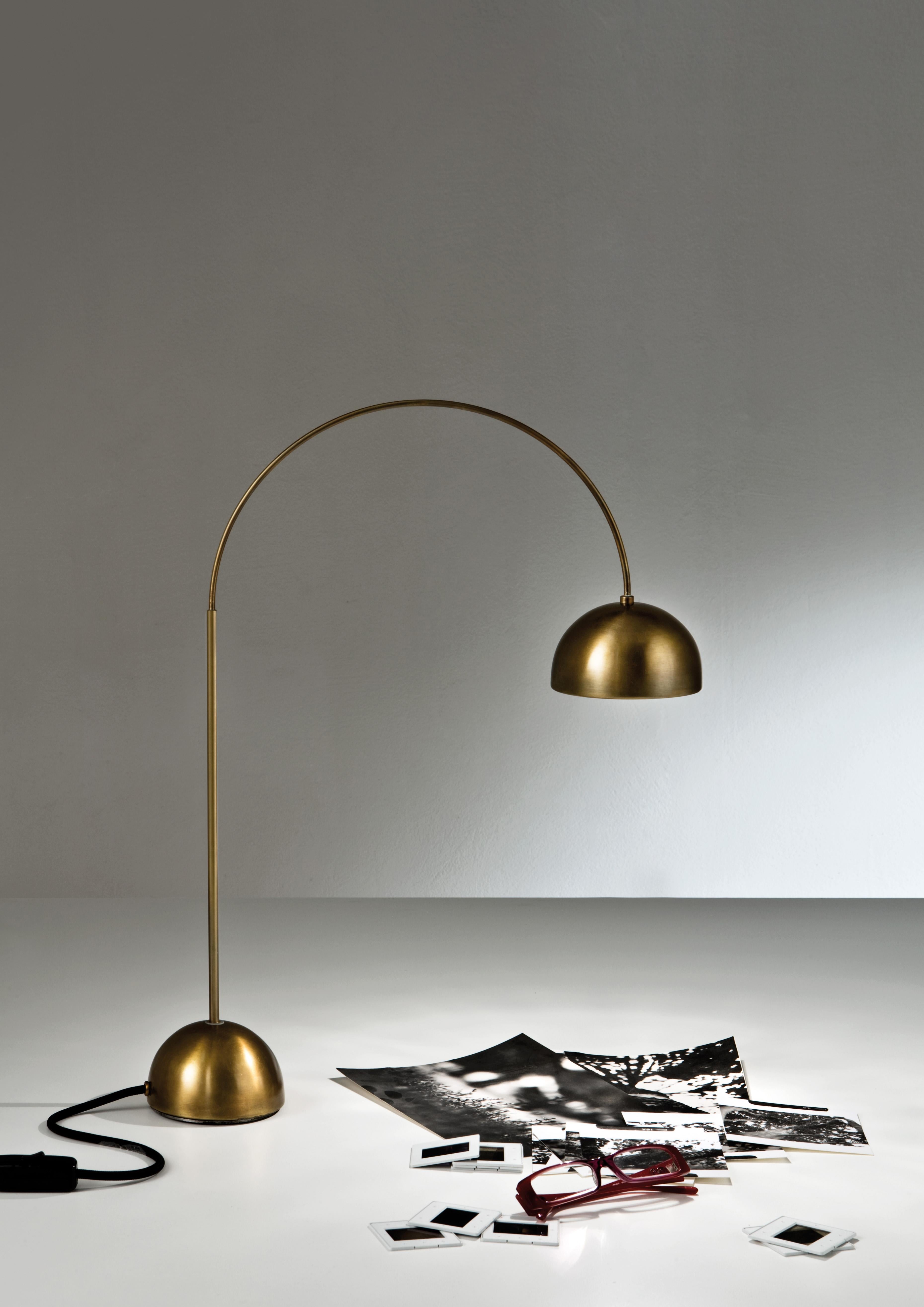 Satellite CG 45 Table Lamp by Laurameroni
Dimensions: W 42 x D 11 x H 54 cm
Materials: Burnished brass. 

Rotating table lamp in dark oxidized burnished brass with a double‐plug LED bulb.

Laurameroni:
The ability of craftsmen from the Brianza area