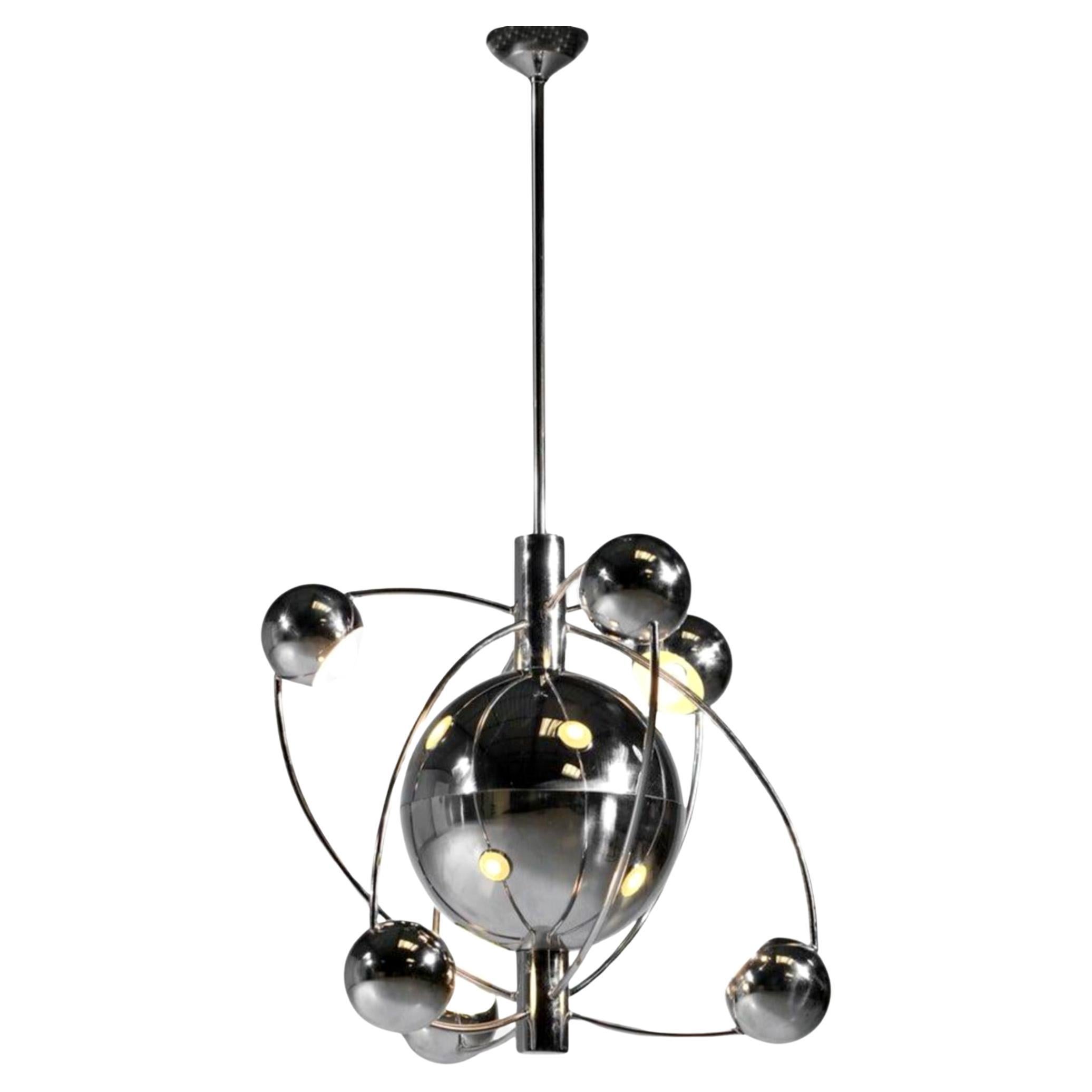 "Satellite" chandelier in chromed metal, by Goffredo Reggiani, Italy, circa 1960