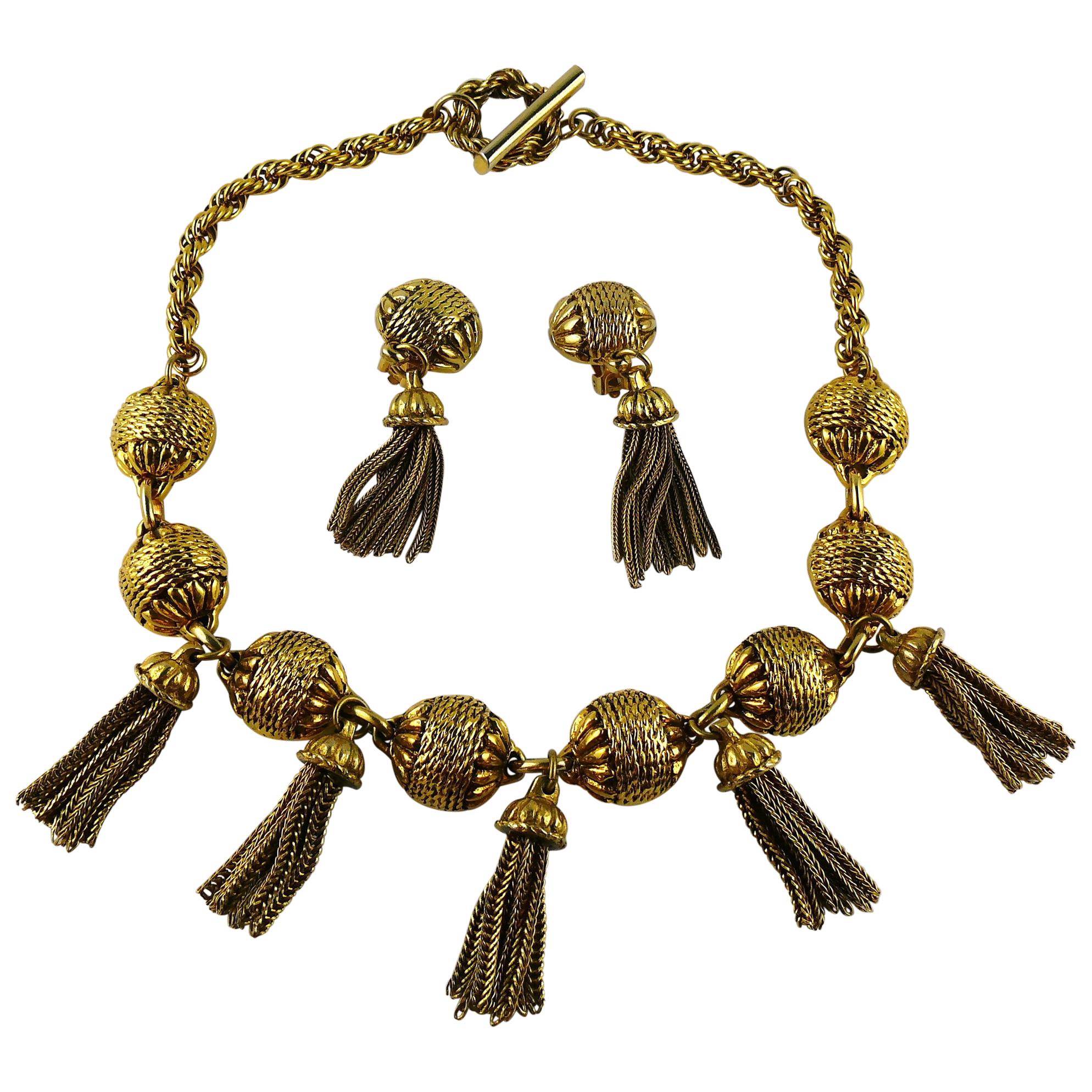 Satellite Paris Vintage Gold Toned Tassel Necklace and Earrings Set For Sale
