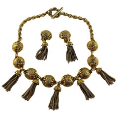 Satellite Paris Vintage Gold Toned Tassel Necklace and Earrings Set