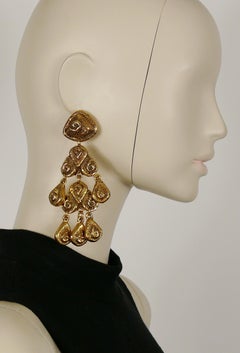 Satellite Paris Vintage Massive Antiqued Gold Toned Chandelier Earrings