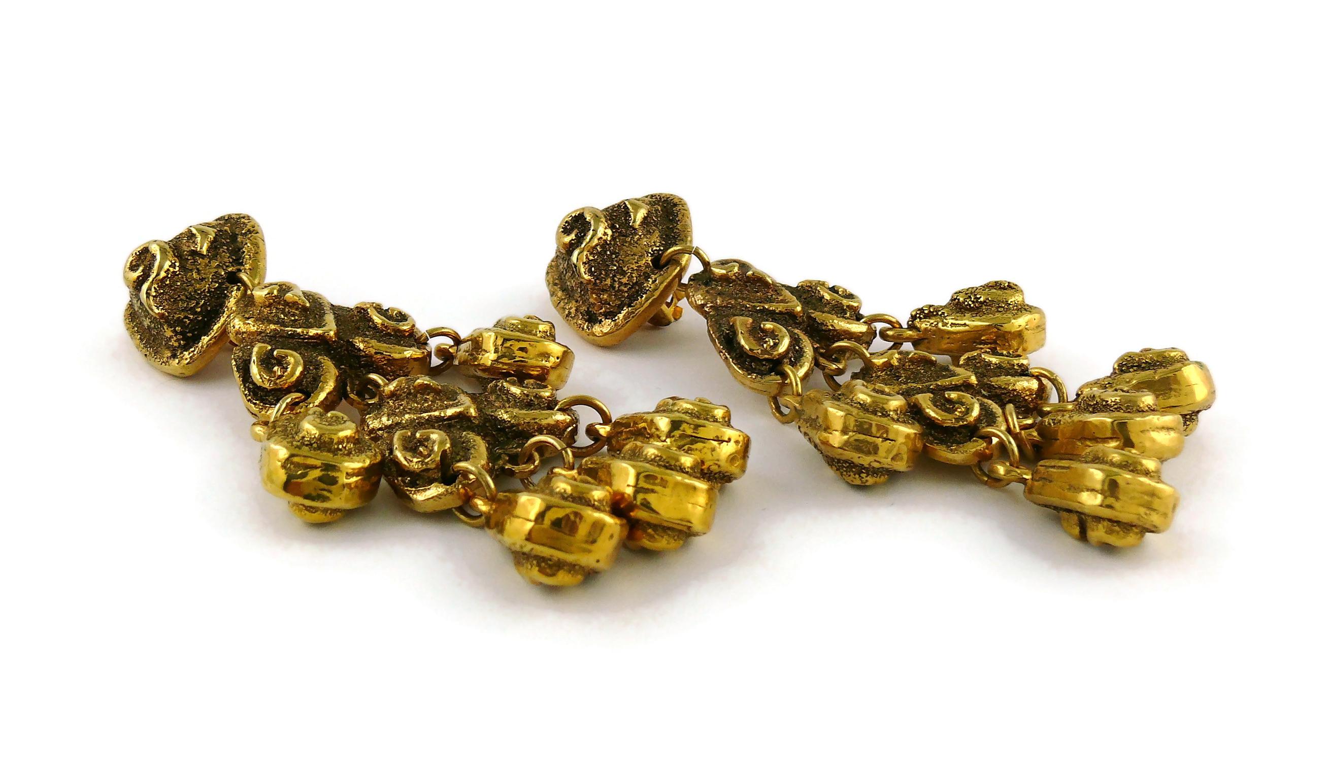 Satellite Paris Vintage Massive Antiqued Gold Toned Chandelier Earrings In Excellent Condition In Nice, FR