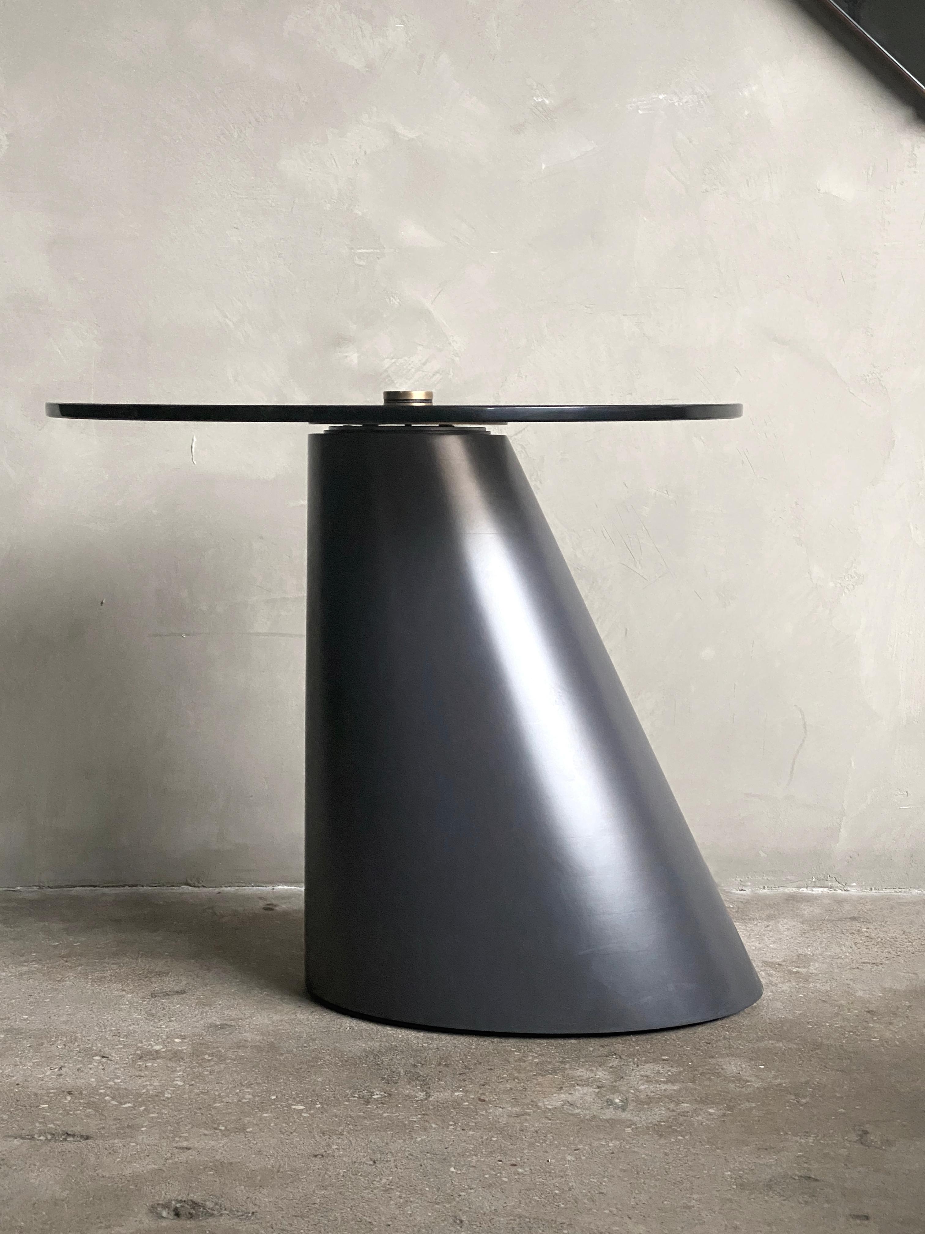 Modern Satellite Side Table, Tempered Glass, Patinated Brass, Satin Lacquer For Sale