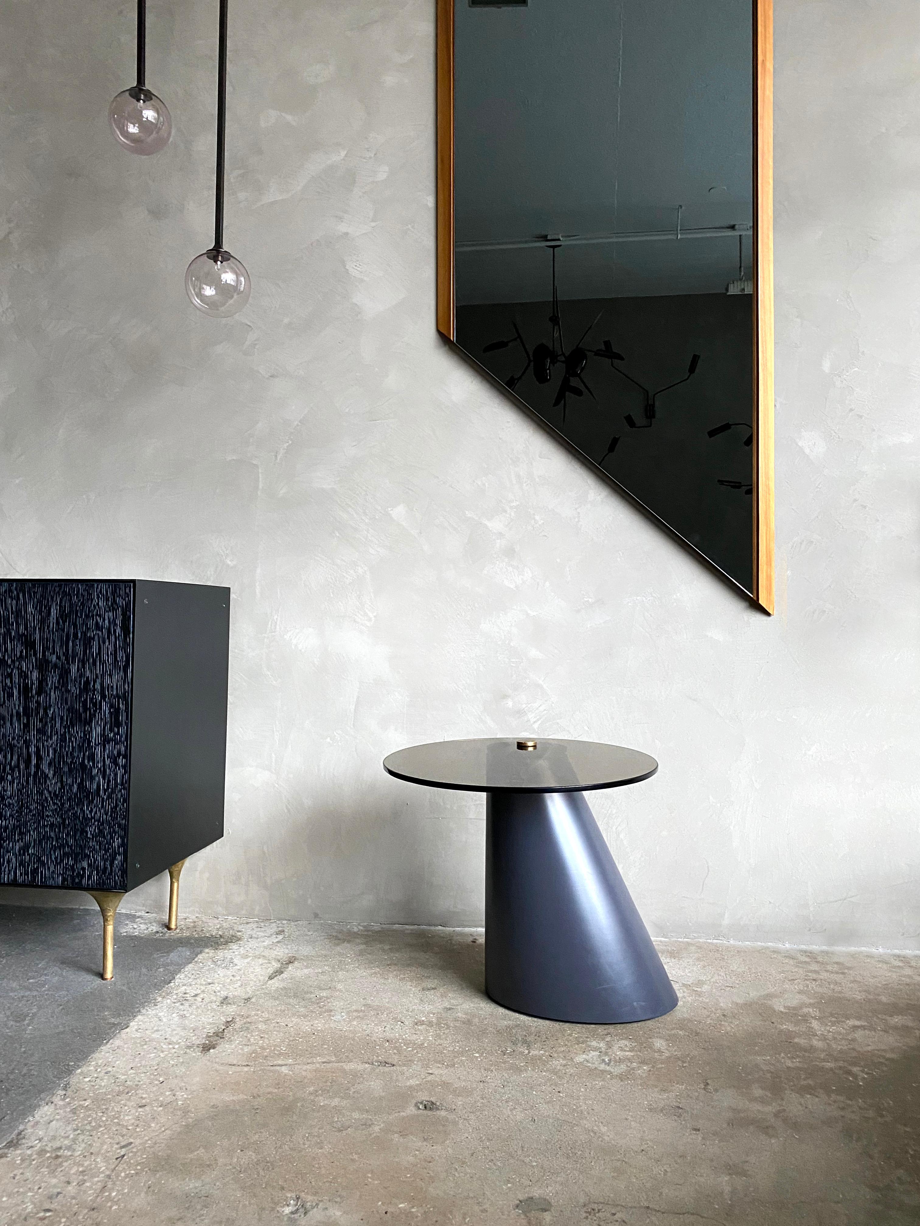 American Satellite Side Table, Tempered Glass, Patinated Brass, Satin Lacquer For Sale