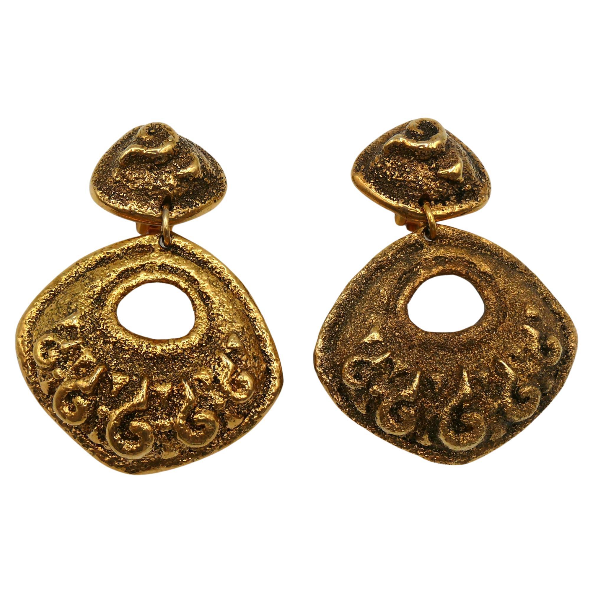 Satellite Vintage Antiqued Gold Toned Textured Dangling Earrings For Sale