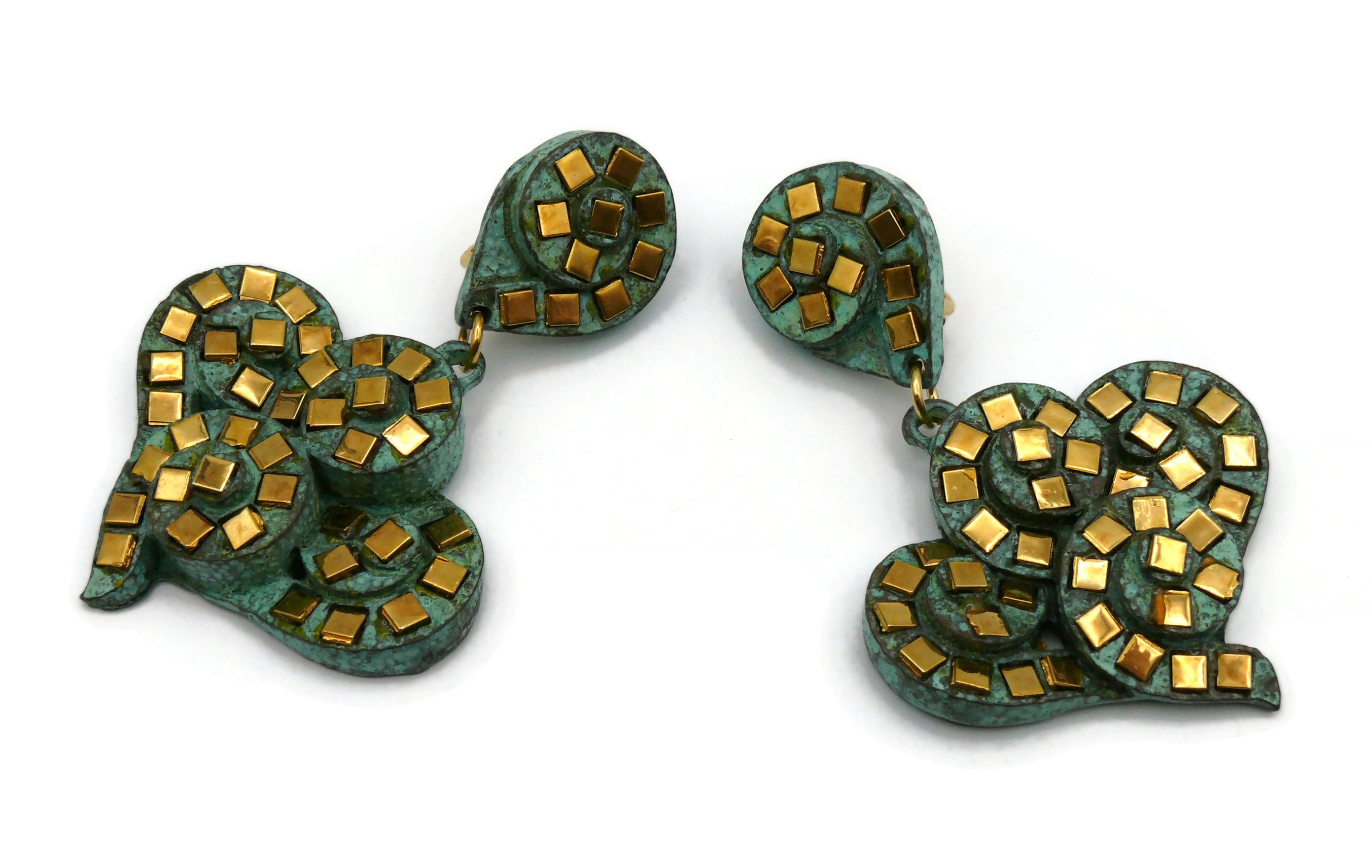 SATELLITE Vintage Vertdigris Patina Studded Dangling Earrings For Sale 2