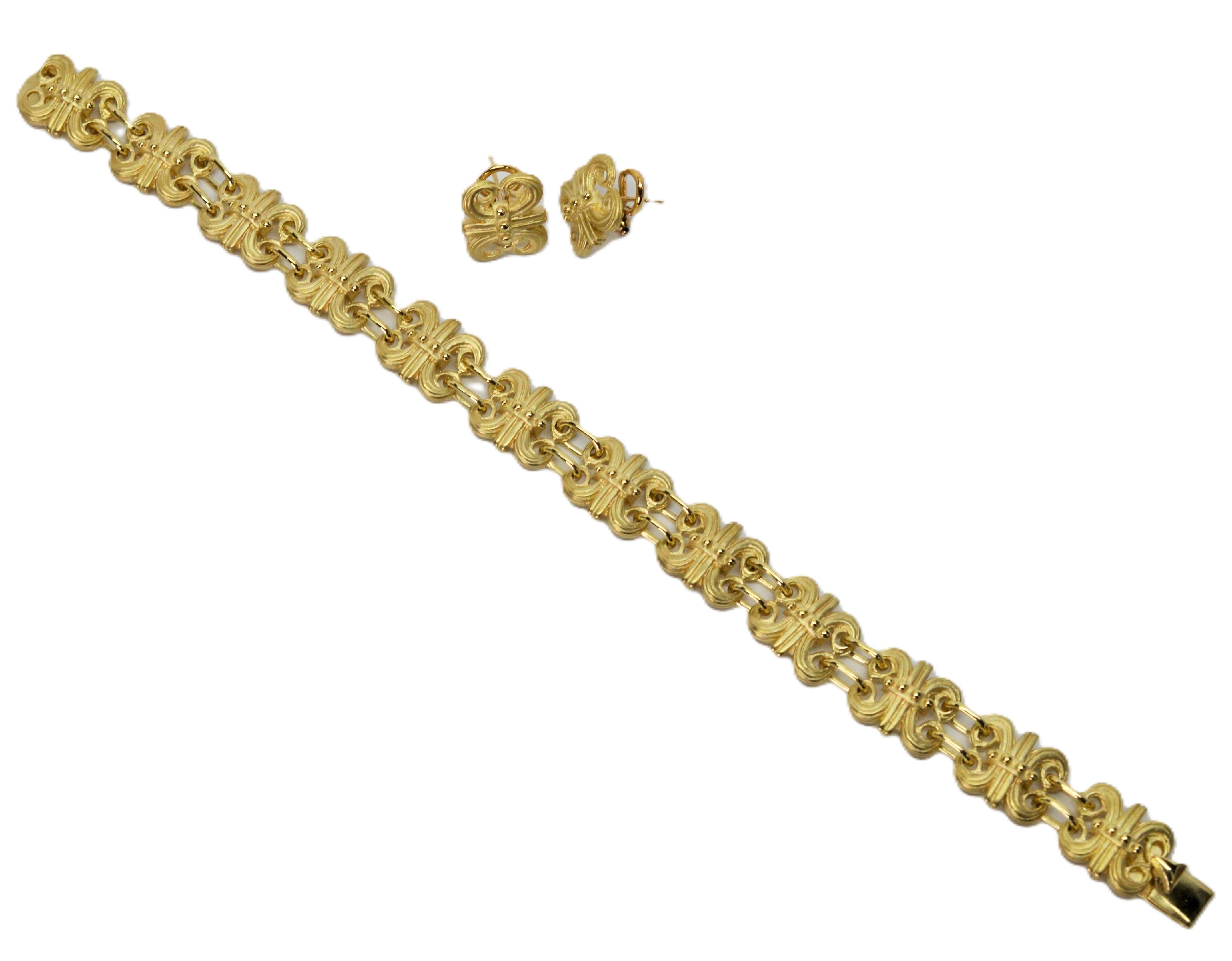 Lot de bracelets et de boucles d'oreilles en or 14 carats Satin Fleur De Lis Pour femmes en vente