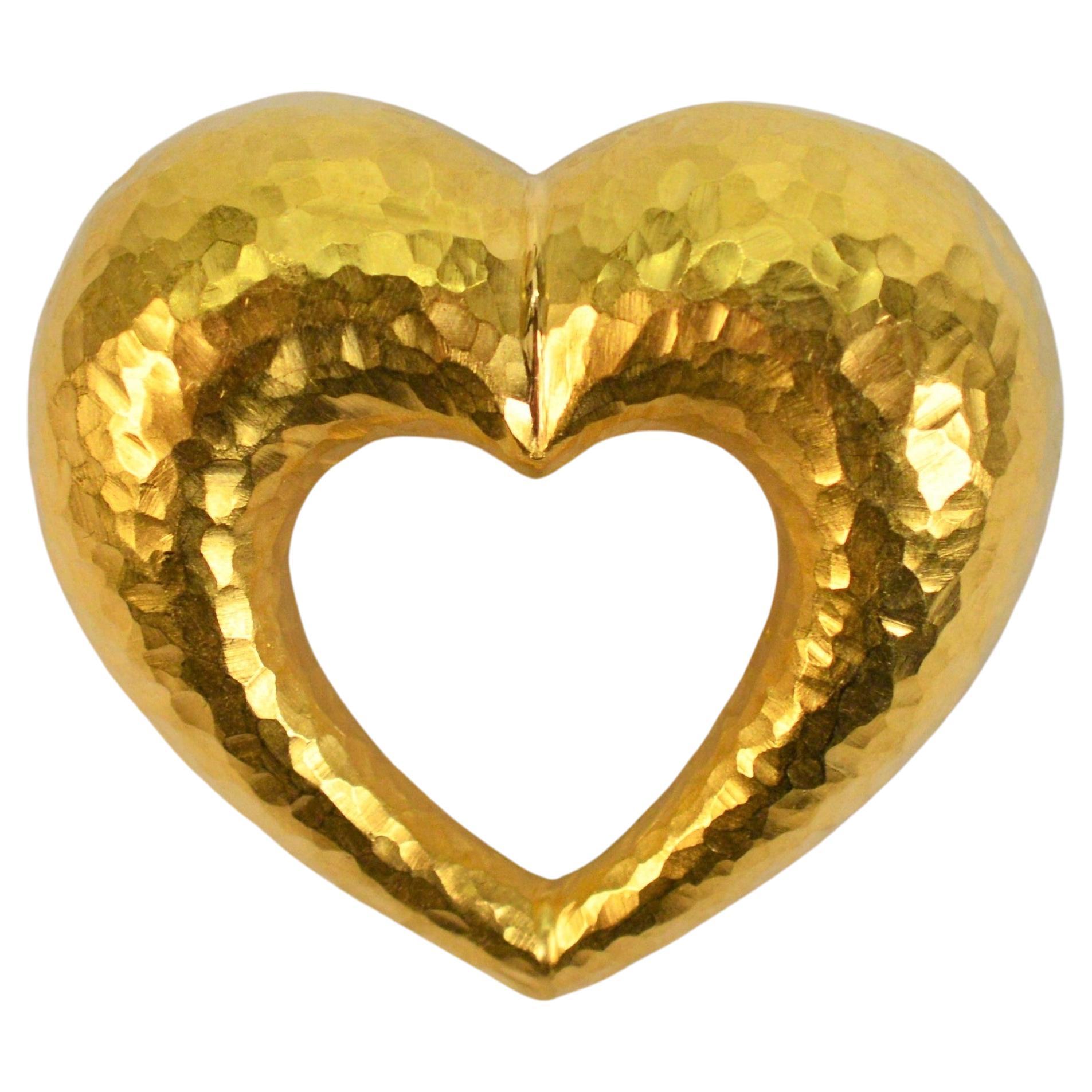 Satin 18 Karat Yellow Gold Hammered Heart Brooch Pin Pendant