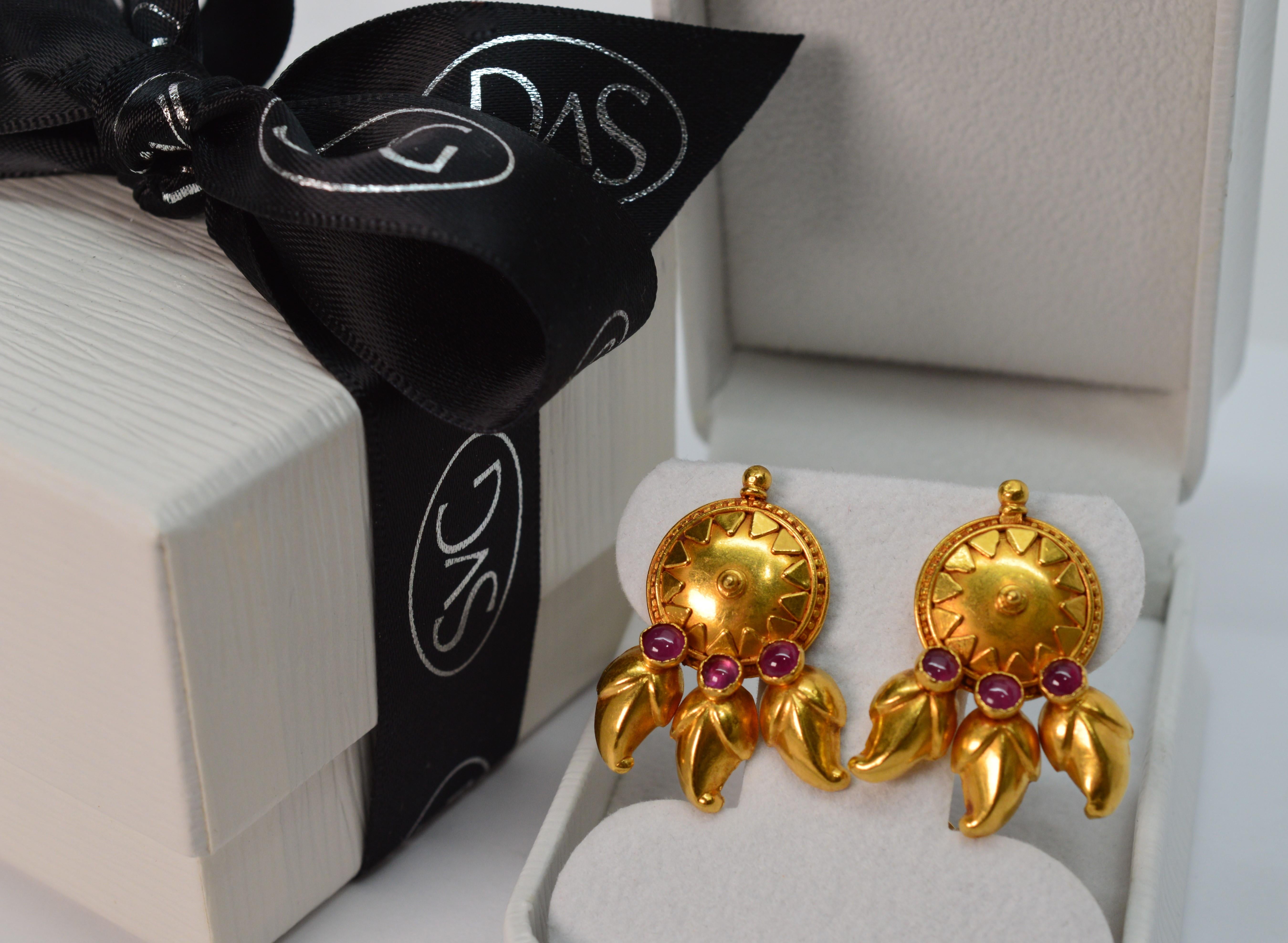 Satin 22 Karat Yellow Gold Medallion Stud Earrings w Ruby Cabochon Accents For Sale 3