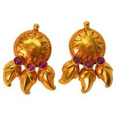 Vintage Satin 22 Karat Yellow Gold Medallion Stud Earrings w Ruby Cabochon Accents