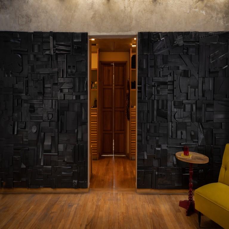 These SATIN BLACK collage tiles are composed randomly from recycled wood remnants and when installed bathe any space with a warm feeling and texture which is meditative, sanded to a soft finish and protected with lacquer and wax. The works convey an