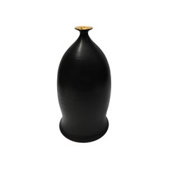 Satin Black Flared Ceramic Bottle Vase with Gold Luster Lip by Sandi Fellman