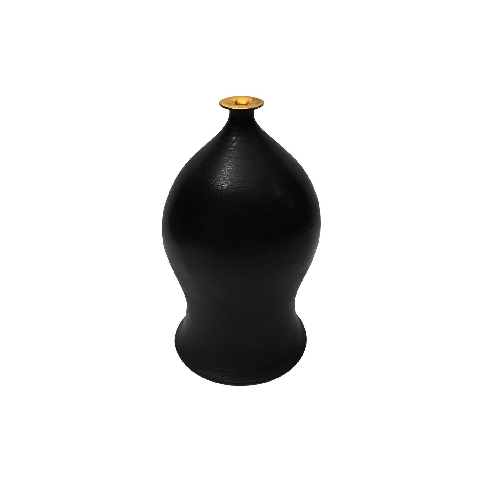 Satin Black Flared Ceramic Urn Bud Vase with Gold Luster Lip by Sandi Fellman