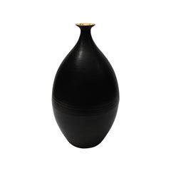 Satin Black Rounded Ceramic Bottle Vase with Gold Luster Lip by Sandi Fellman