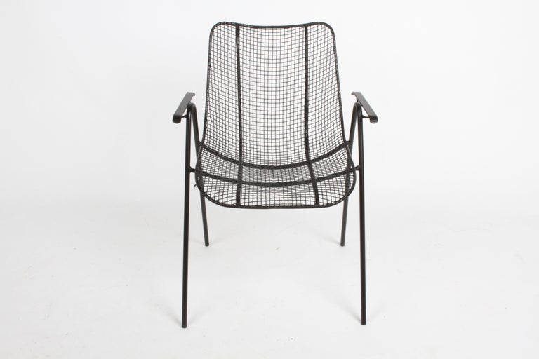 Mid-Century Modern Satin Black Russell Woodard Sculptura Mesh Dining Arm Side Chairs, Restored For Sale