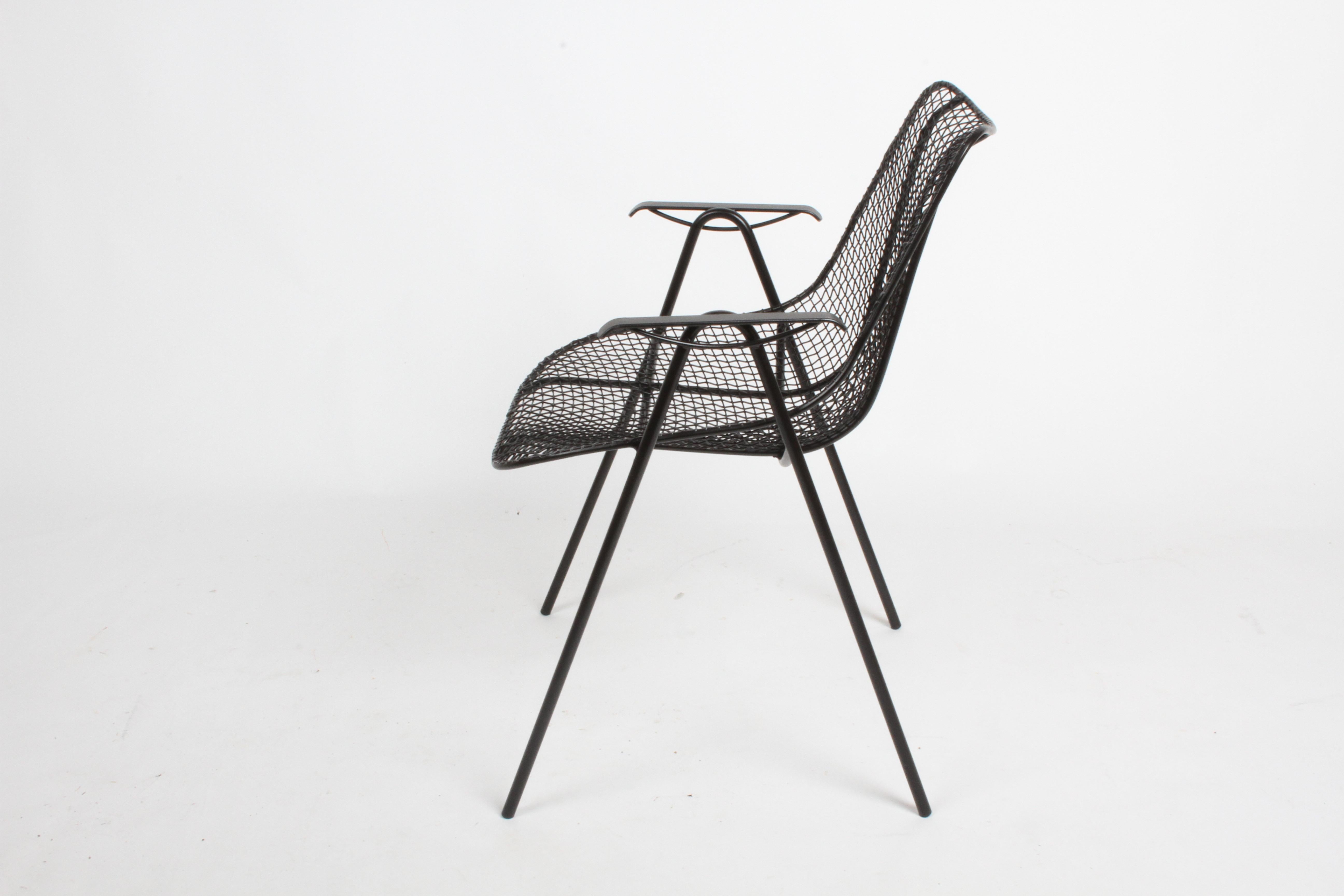 Mid-Century Modern Satin Black Russell Woodard Sculptura Mesh Dining Arm Side Chairs, Restored For Sale