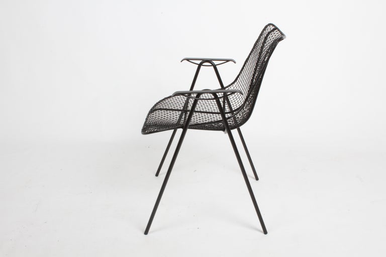 Painted Satin Black Russell Woodard Sculptura Mesh Dining Arm Side Chairs, Restored For Sale
