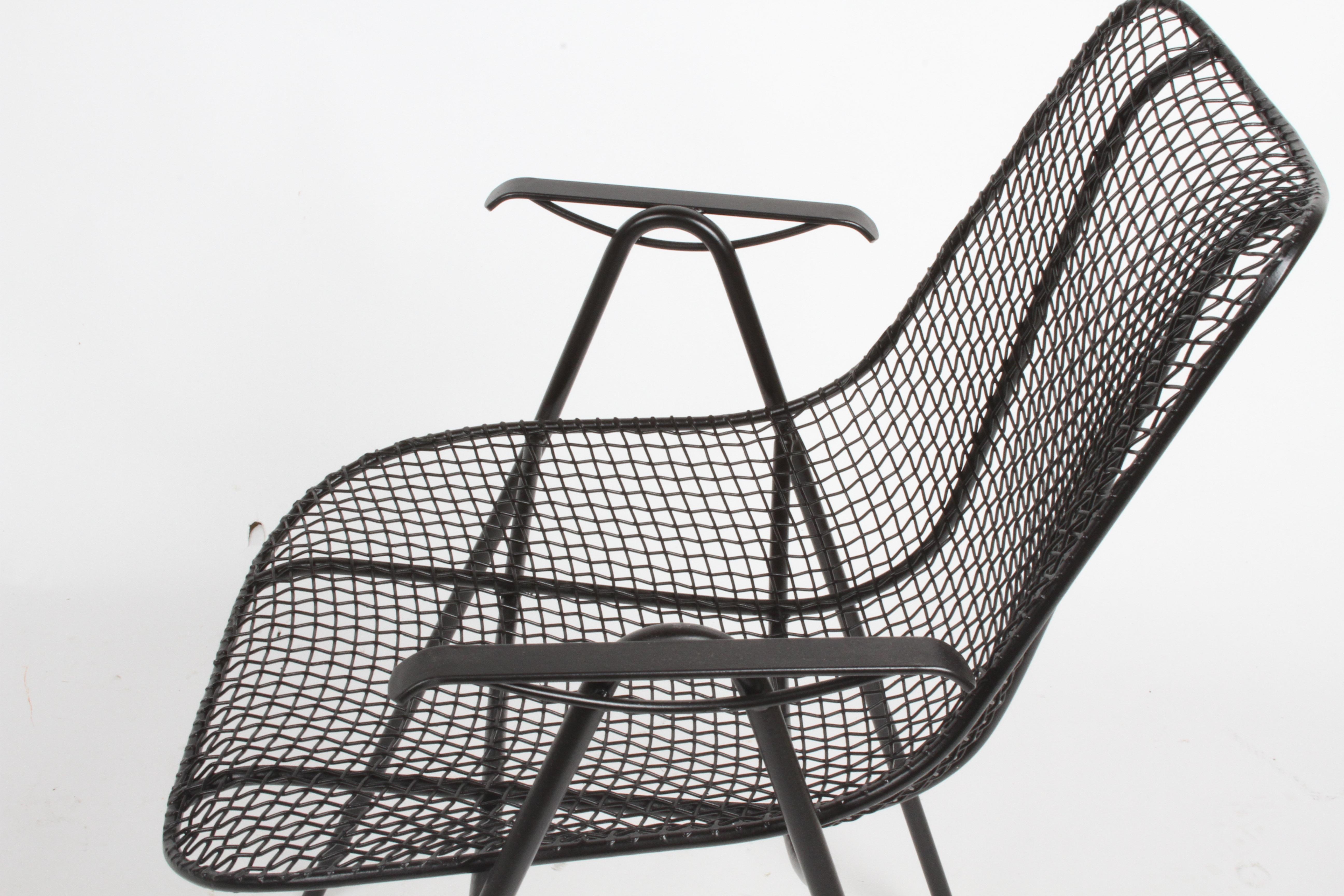 American Satin Black Russell Woodard Sculptura Mesh Dining Arm Side Chairs, Restored For Sale
