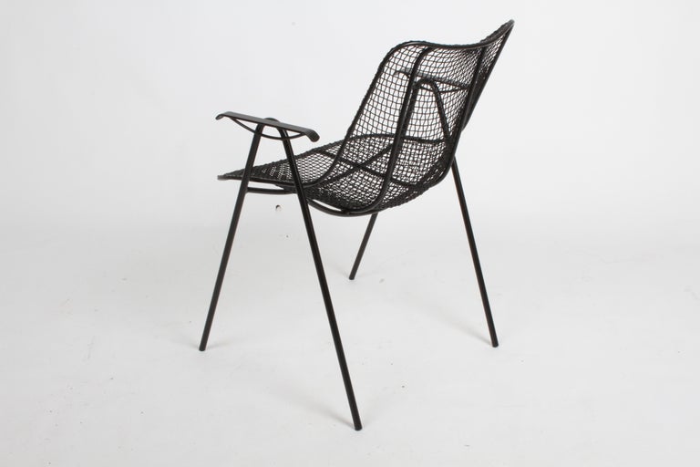 Iron Satin Black Russell Woodard Sculptura Mesh Dining Arm Side Chairs, Restored For Sale