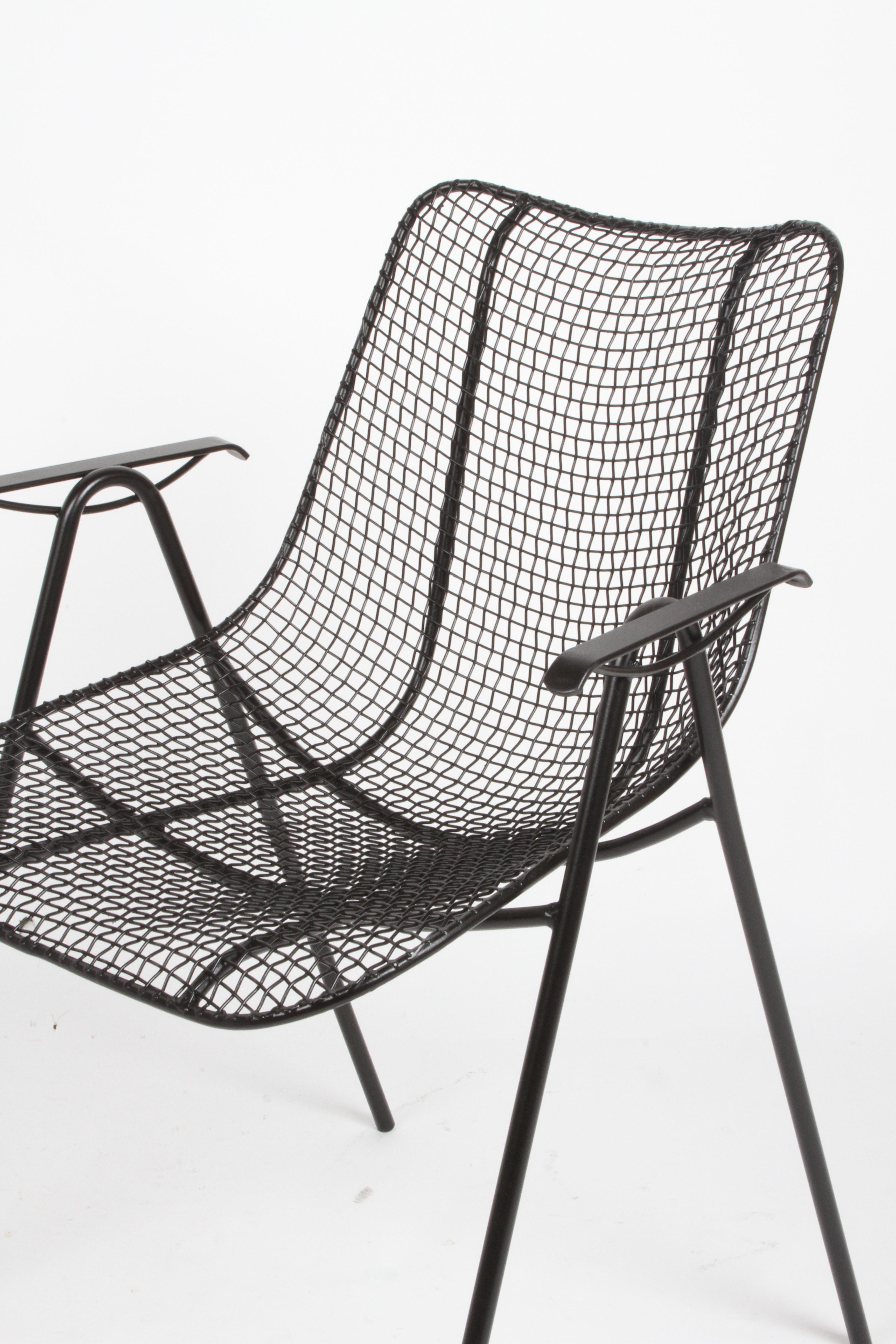 Mid-20th Century Satin Black Russell Woodard Sculptura Mesh Dining Arm Side Chairs, Restored For Sale
