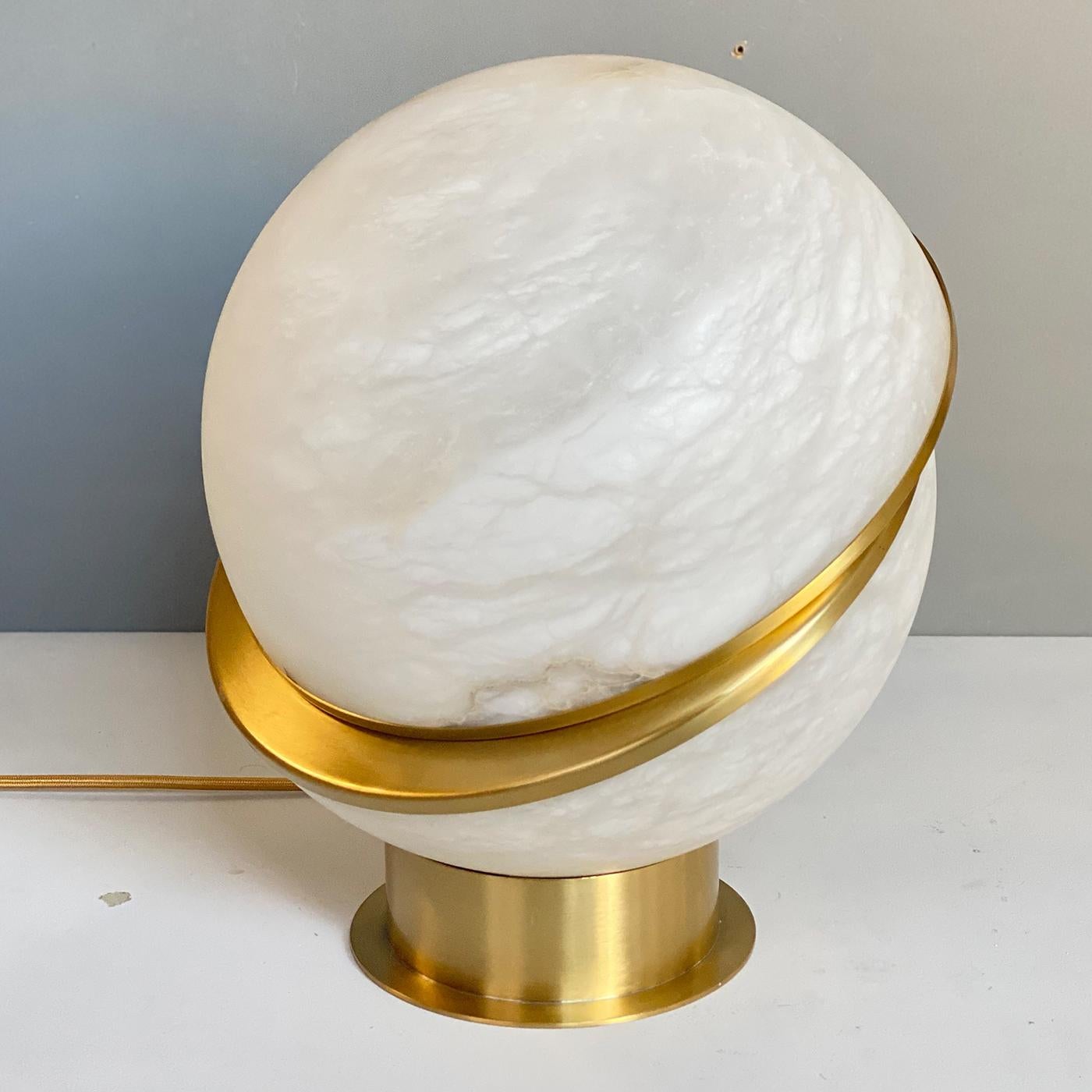 Italian Satin Brass Alabaster Globe Table Lamp For Sale