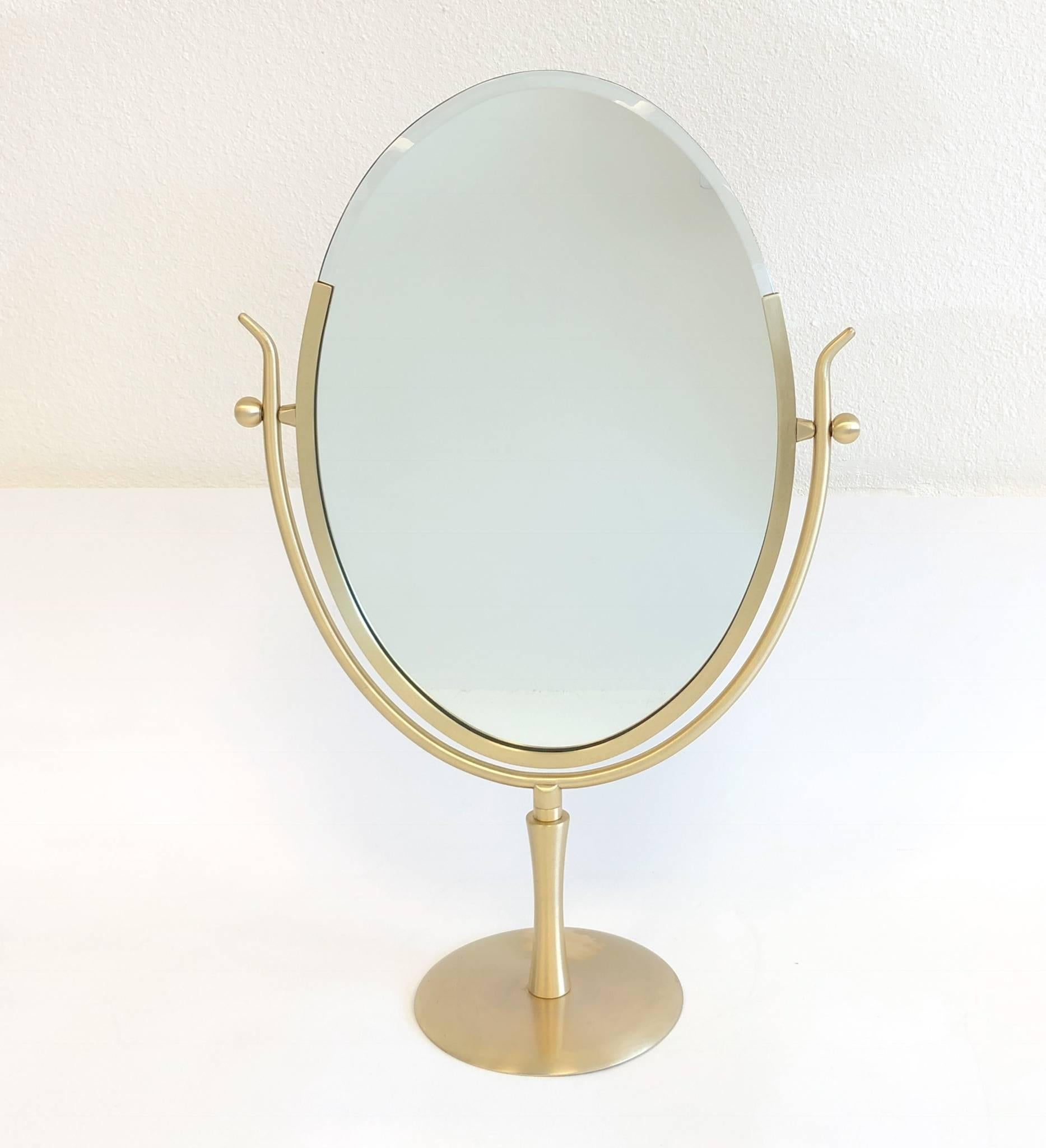 Satin Brass and Leather Vanity Mirror by Charles Hollis Jones 4