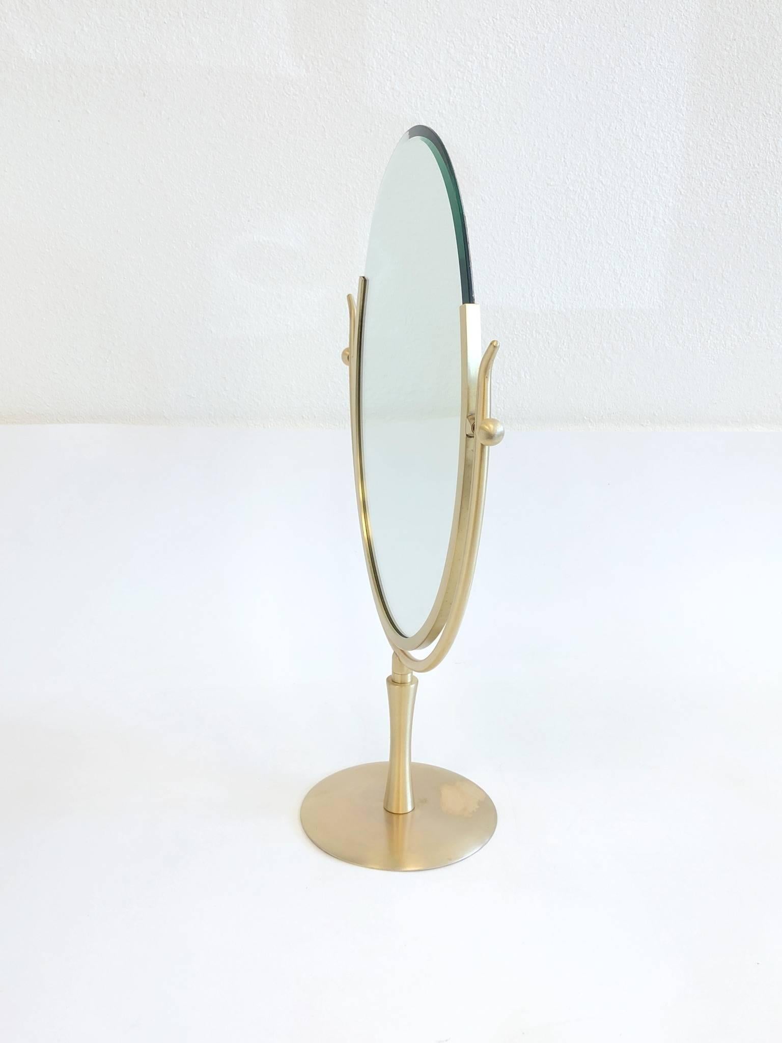 American Satin Brass and Leather Vanity Mirror by Charles Hollis Jones
