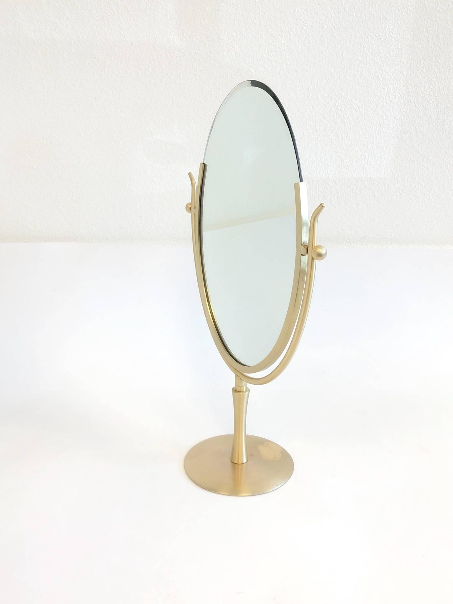 Brushed Satin Brass and Leather Vanity Mirror by Charles Hollis Jones