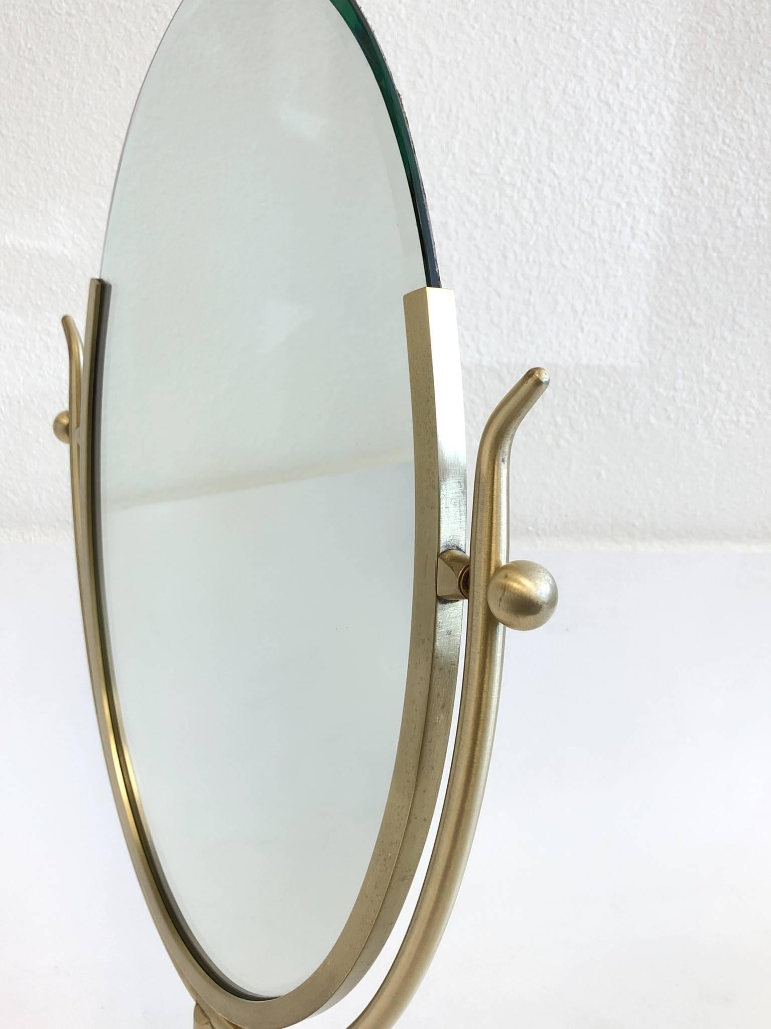 Satin Brass and Leather Vanity Mirror by Charles Hollis Jones In Excellent Condition In Palm Springs, CA