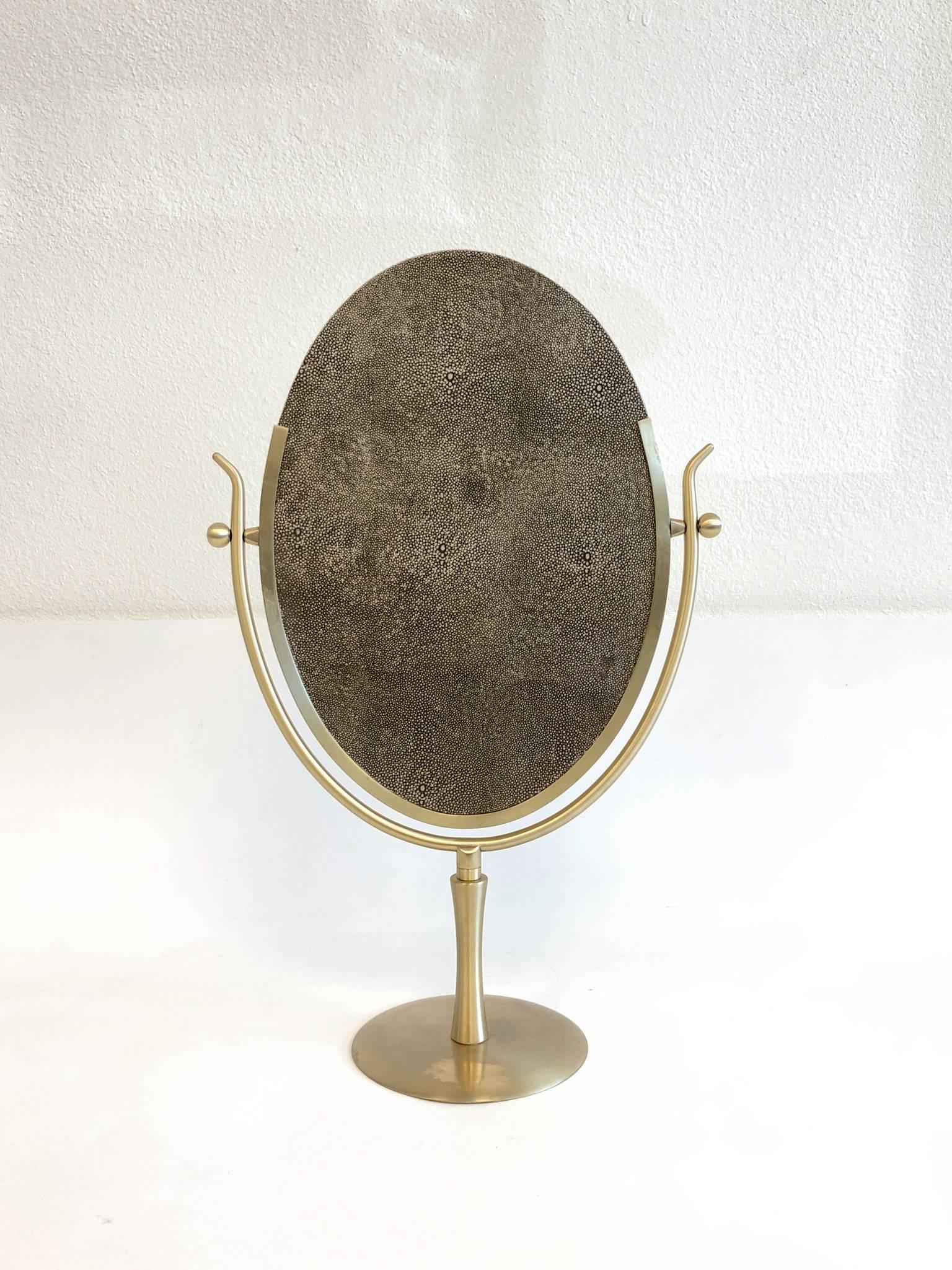 Satin Brass and Leather Vanity Mirror by Charles Hollis Jones 1