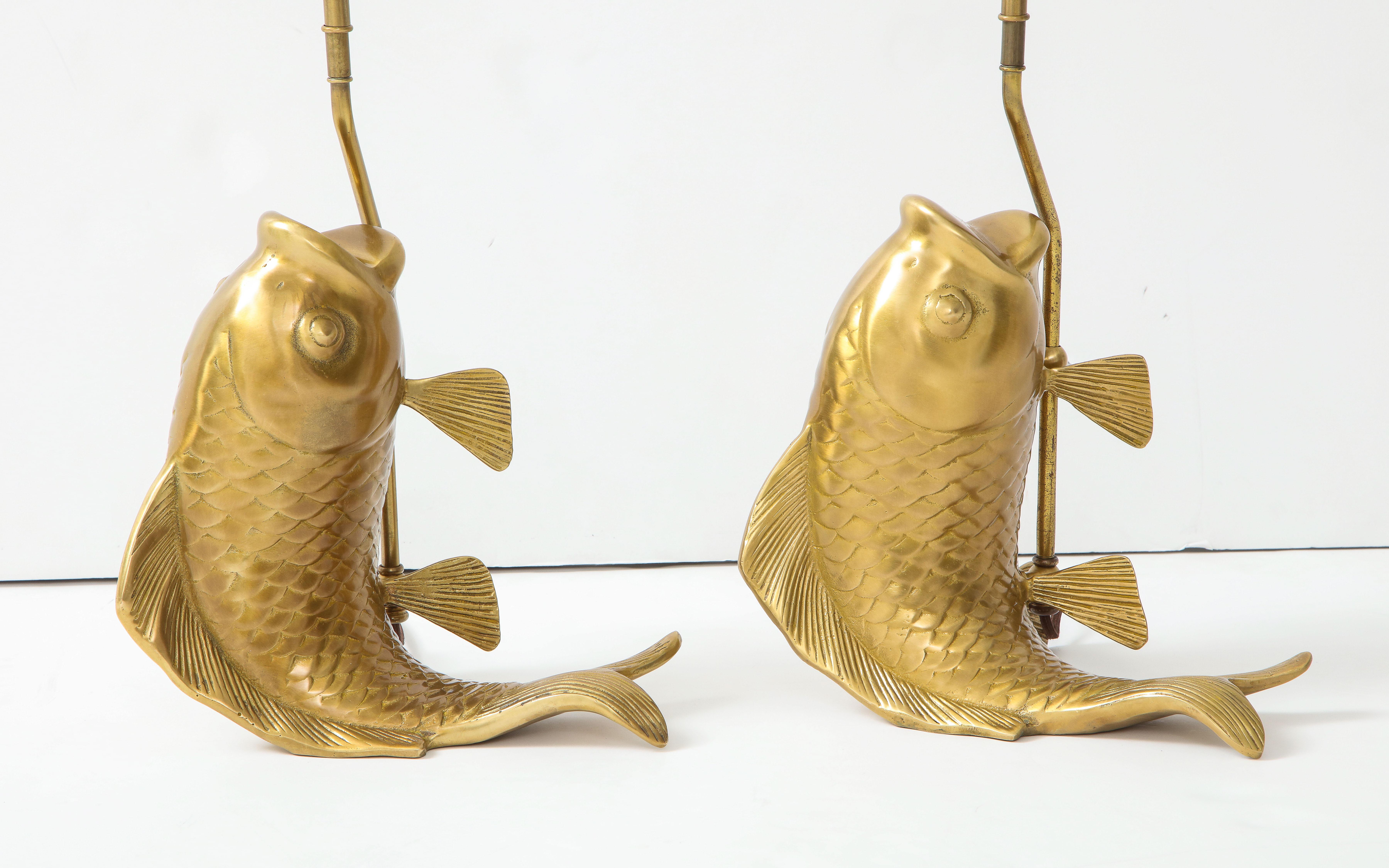 Mid-Century Modern Satin Brass Koi Fish Lamps For Sale