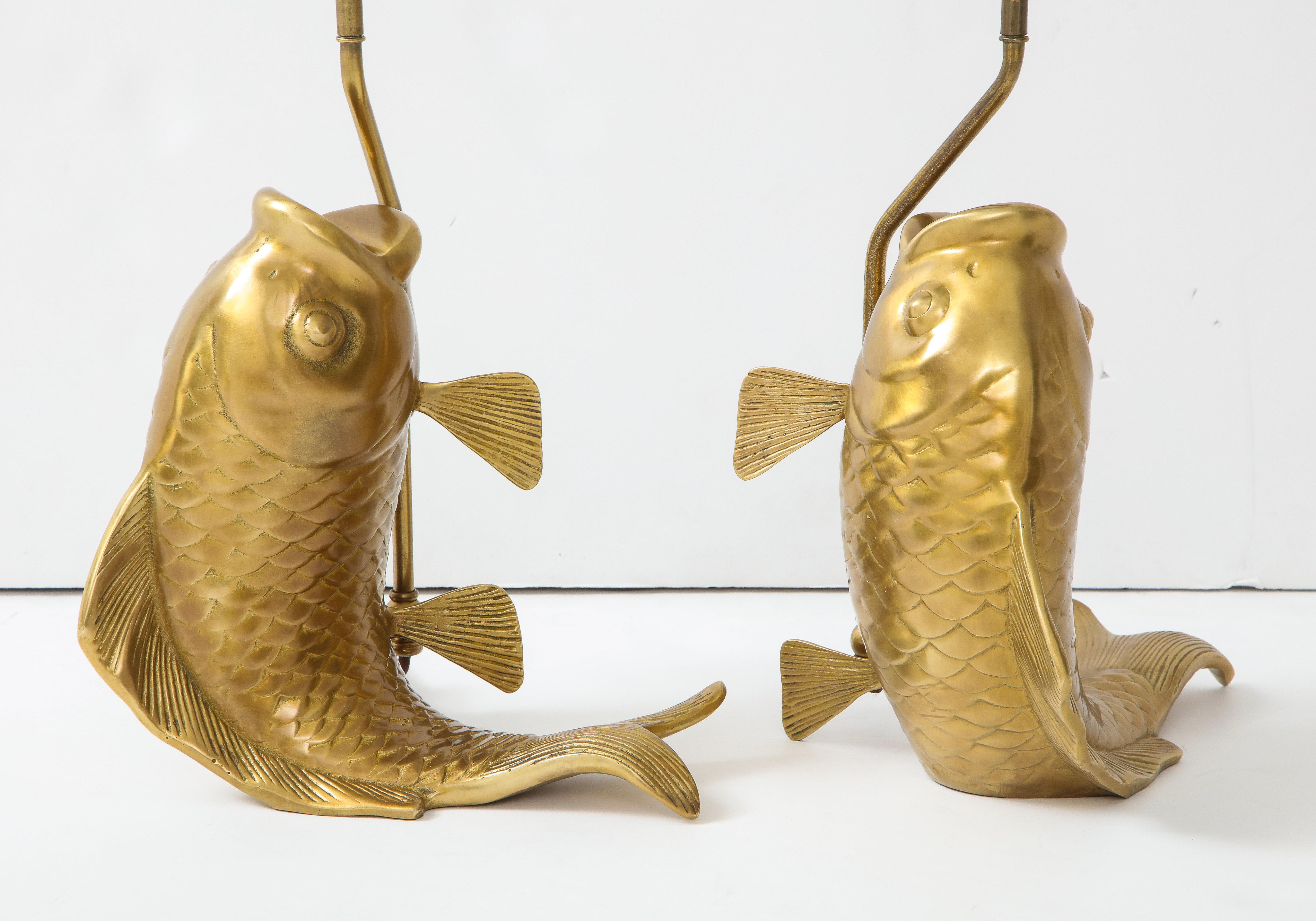 American Satin Brass Koi Fish Lamps For Sale