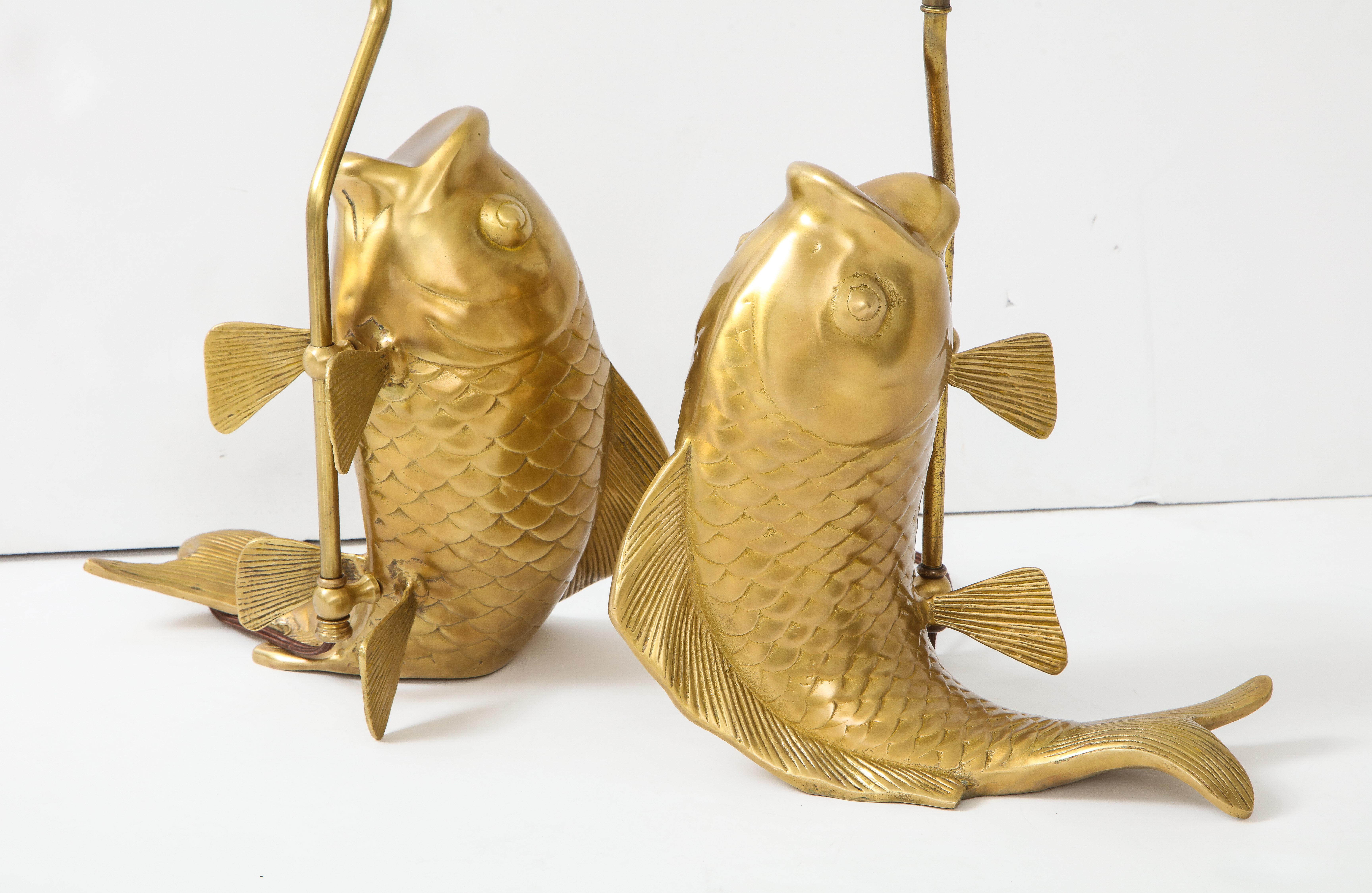 Satin Brass Koi Fish Lamps In Excellent Condition For Sale In New York, NY