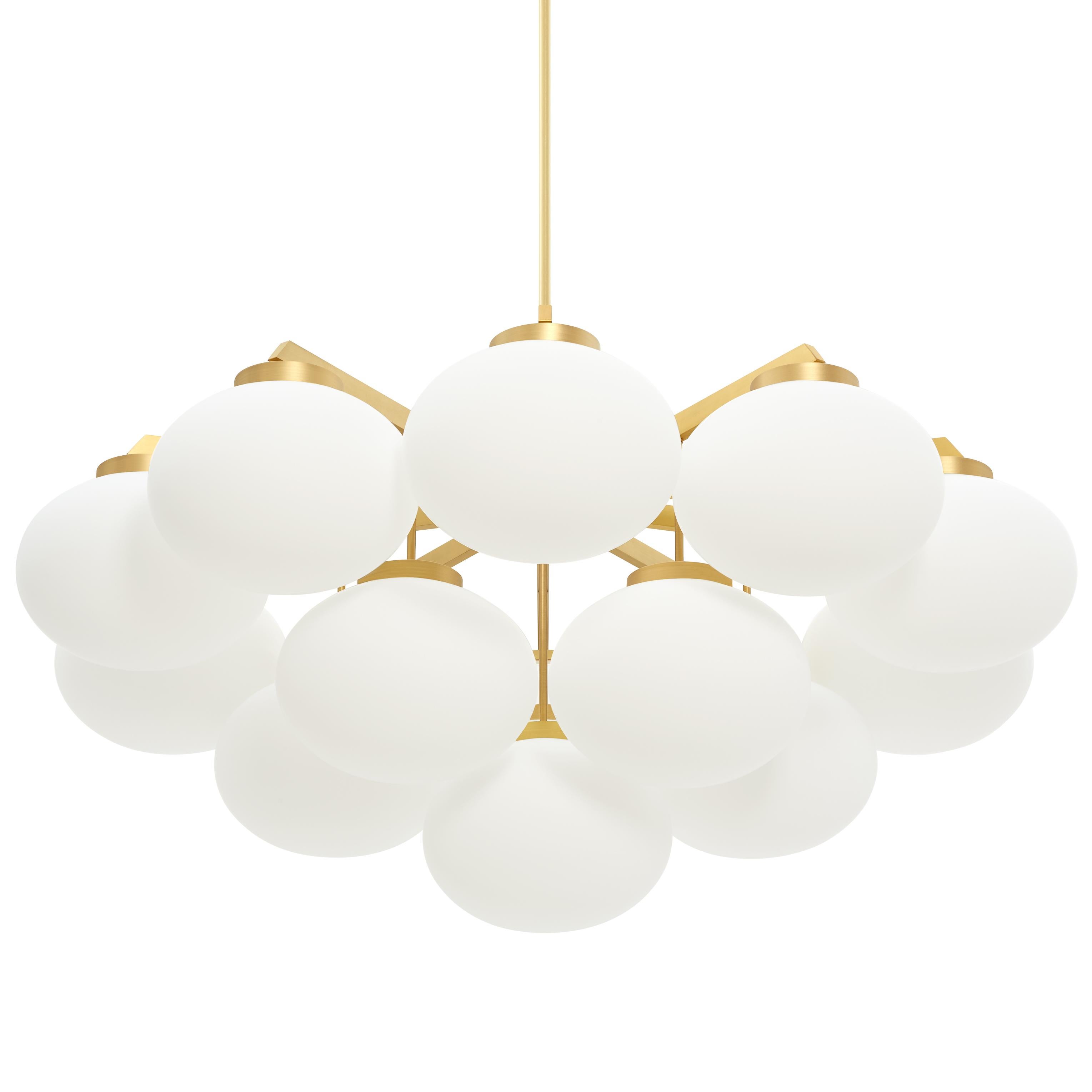 Satin brass large cloudesley pendant lamp by CTO Lighting
Materials: satin brass with matt opal glass shades
Dimensions: H 58 x W 130 cm

All our lamps can be wired according to each country. If sold to the USA it will be wired for the USA for