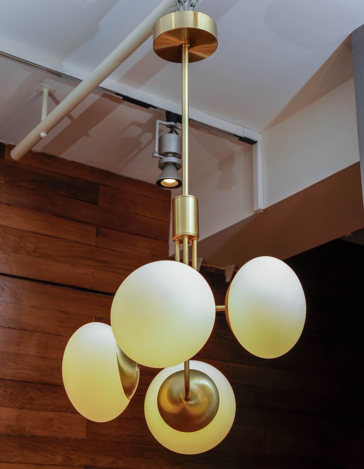 Satin Brass Suspension with Four Lights and Round White Glass Globe 1