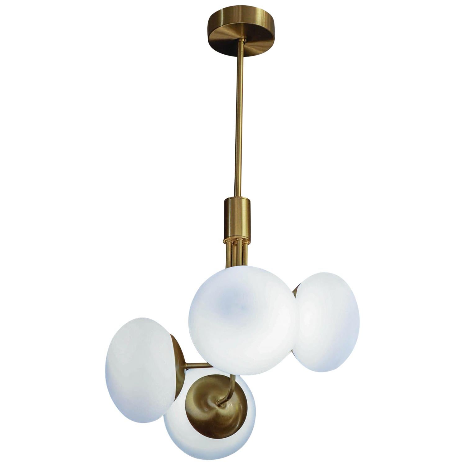 Satin Brass Suspension with Four Lights and Round White Glass Globe