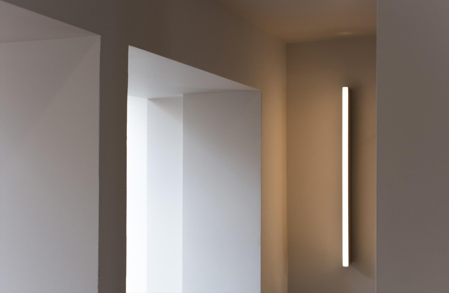 The tube wall light, a rectangular fixture illuminating from a slender light in front, adds a sleekness to any residential or commercial space. Satin brass finish. Design patented in 2006. 

Michael Anastassiades’ design philosophy is to preserve