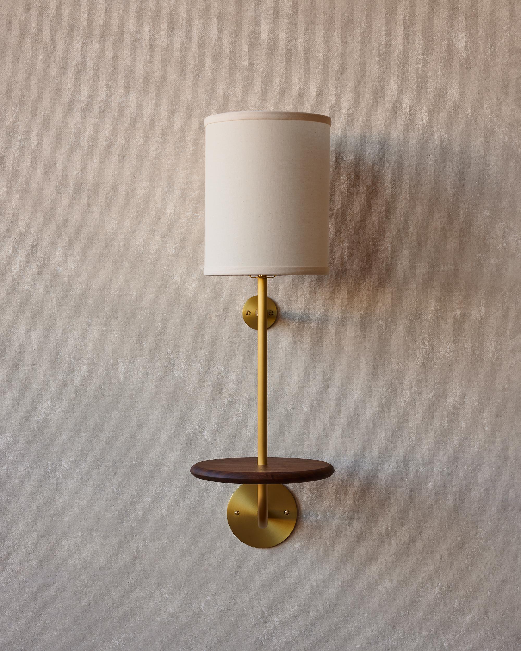 Modern Satin Brass Wall Sconce with Black Walnut Shelf Hardwired Ivory Linen Shade For Sale