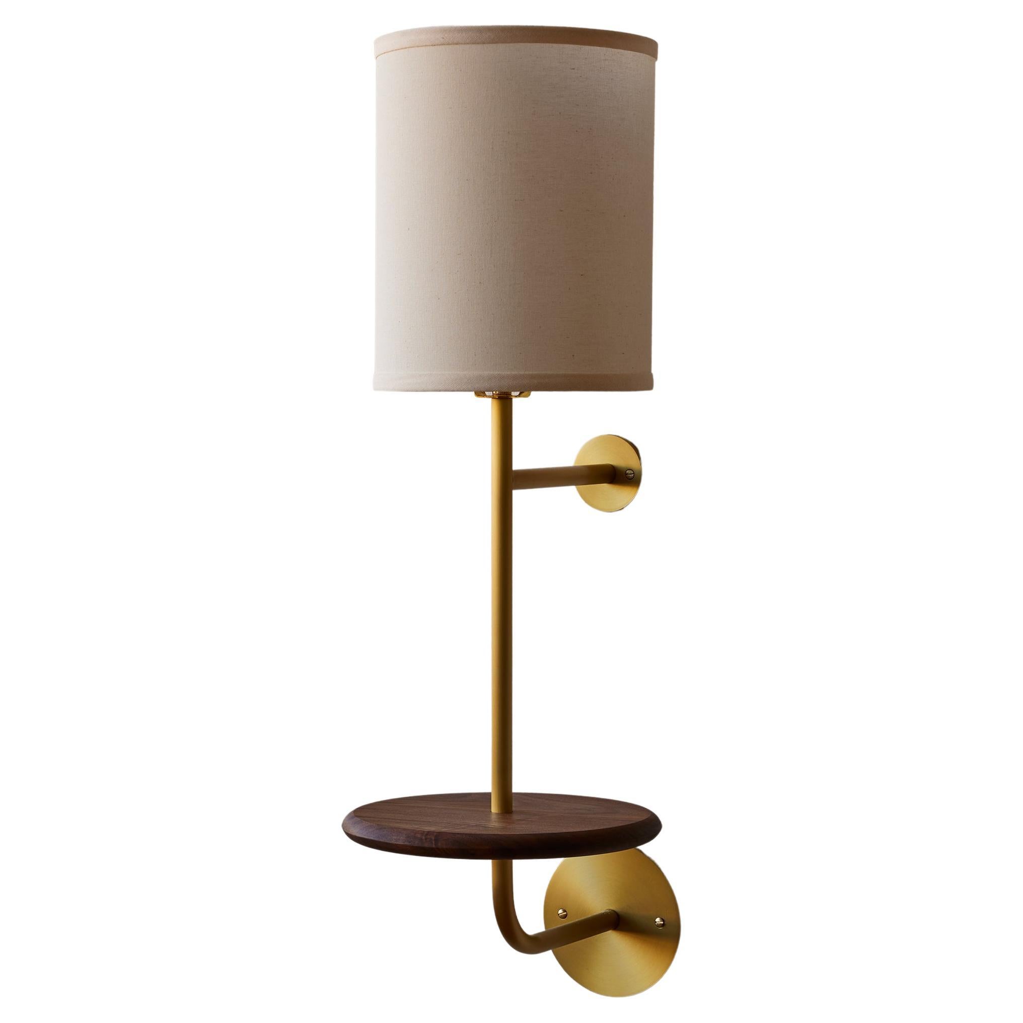 Satin Brass Wall Sconce with Black Walnut Shelf Hardwired Ivory Linen Shade For Sale
