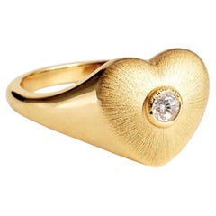Satin Brushed Finish Heart Signet Texture Ring with Round Diamond 14K Solid Gold