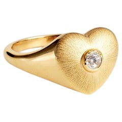 Satin Brushed Finish Heart Signet Texture Ring with Round Diamond 14K Solid Gold