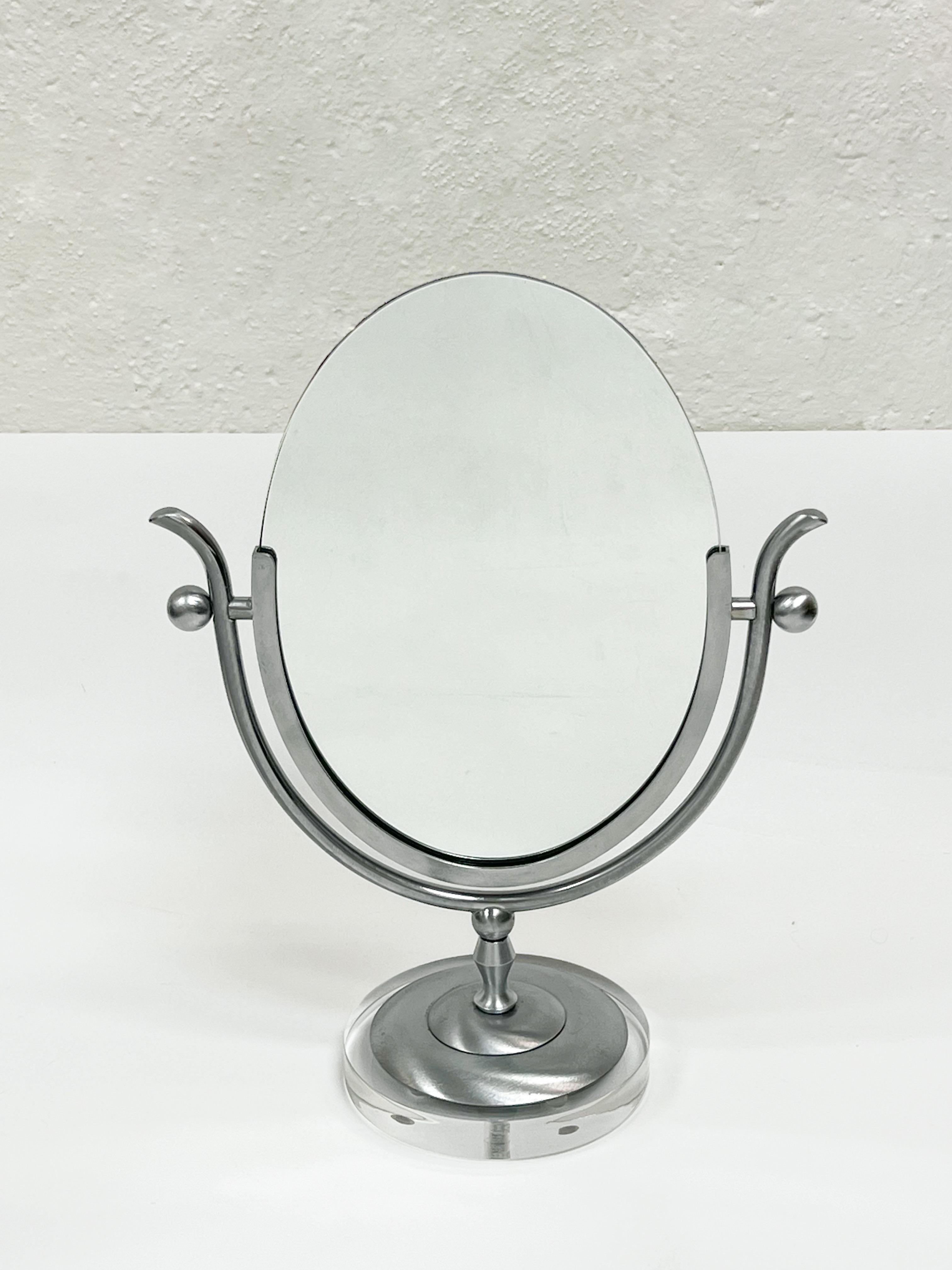 Satin Chrome “Wishbone” Vanity Mirror by Charles Hollis Jones In Good Condition For Sale In Palm Springs, CA